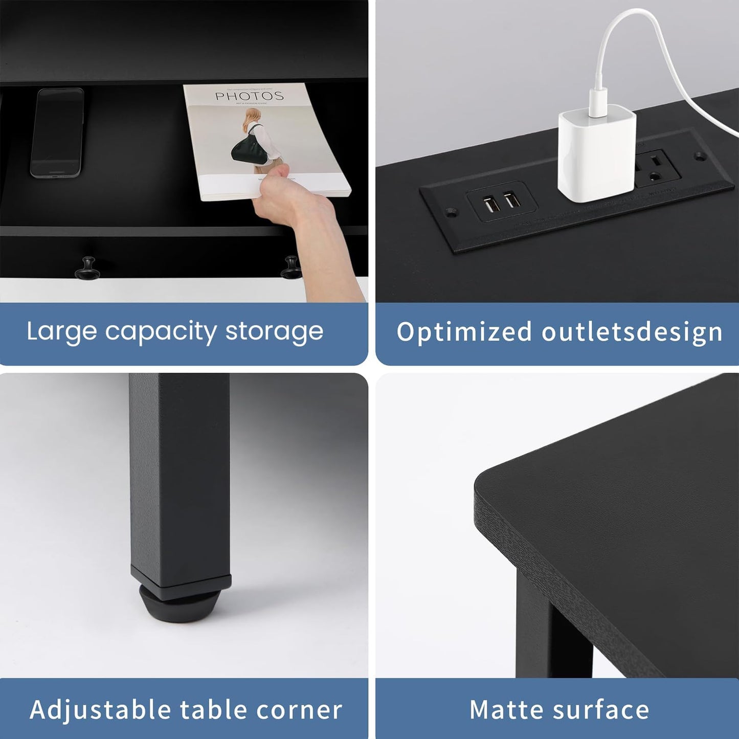 Edbuosy 3 Wooden Drawers Night Stand, 27 Inch Wide Nightstand with Charging Station and Adjustable Drawers, Small Dresser for Closet, Bedside Table for Living Room/Bedroom/Office, Black.