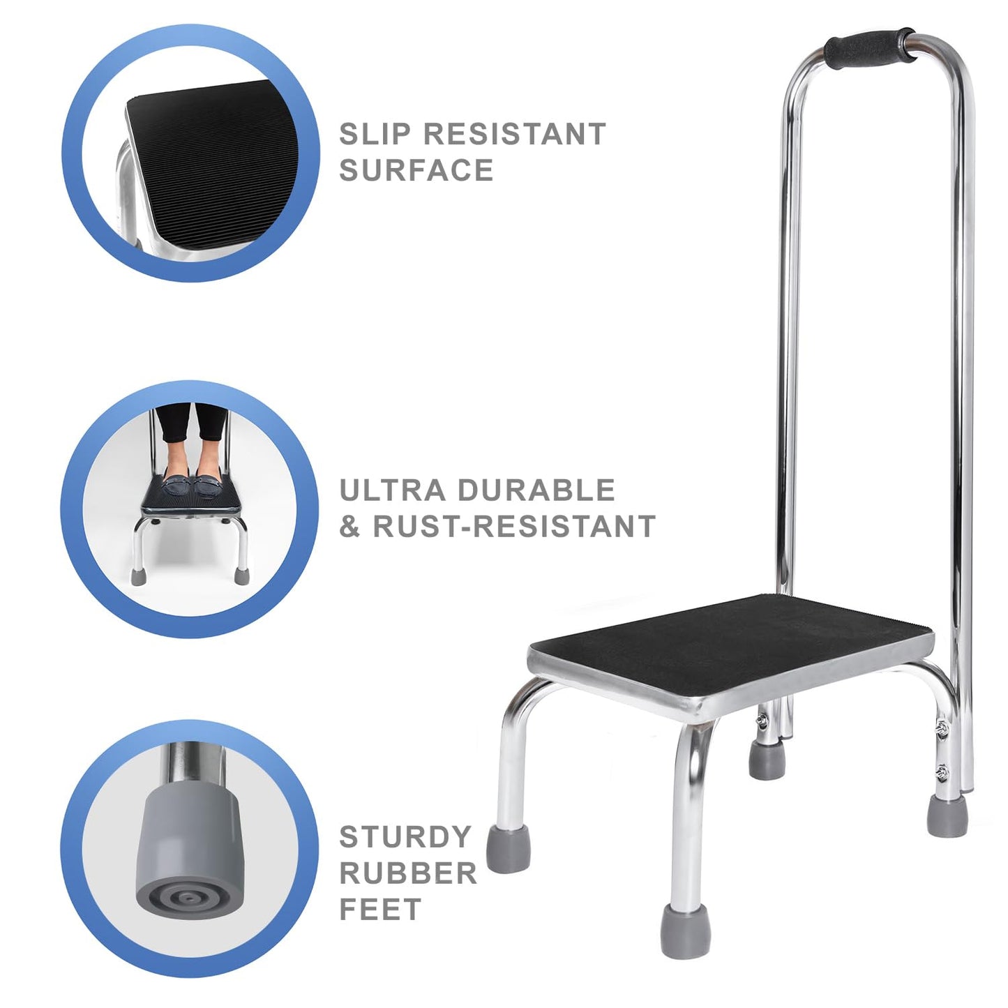 Vaunn Medical Foot Step Stool with Handle and Anti Skid Rubber Platform, Lightweight and Sturdy Stool for Children, Adults and Seniors, Chrome