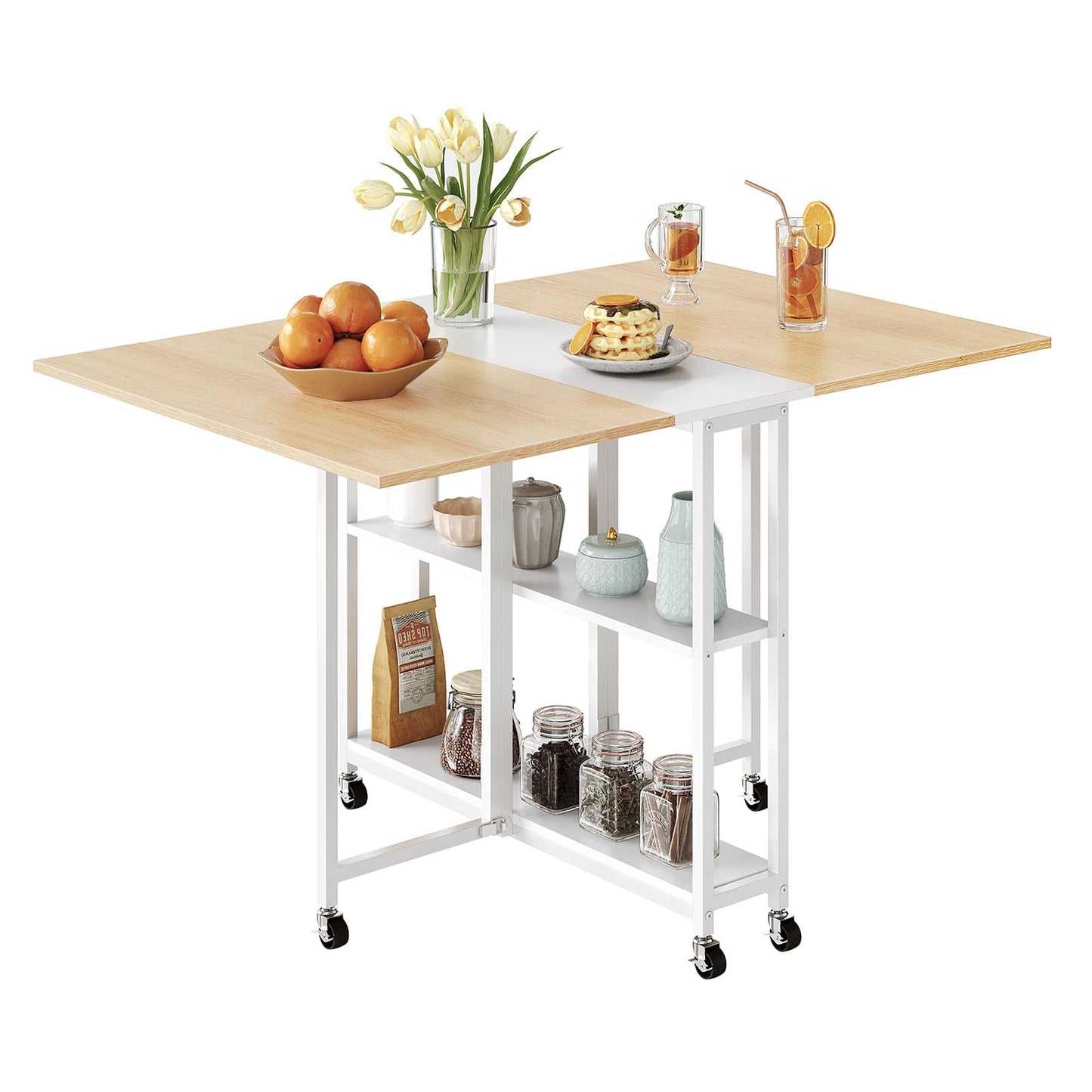 CHOEZON Folding Dining Table, Movable Dining Table, Kitchen Table for Small Space, Foldable and Expandable Desk Furniture with 6 Wheels, for Dining, Living Room, Apartment, White and Natural TCZ01WN
