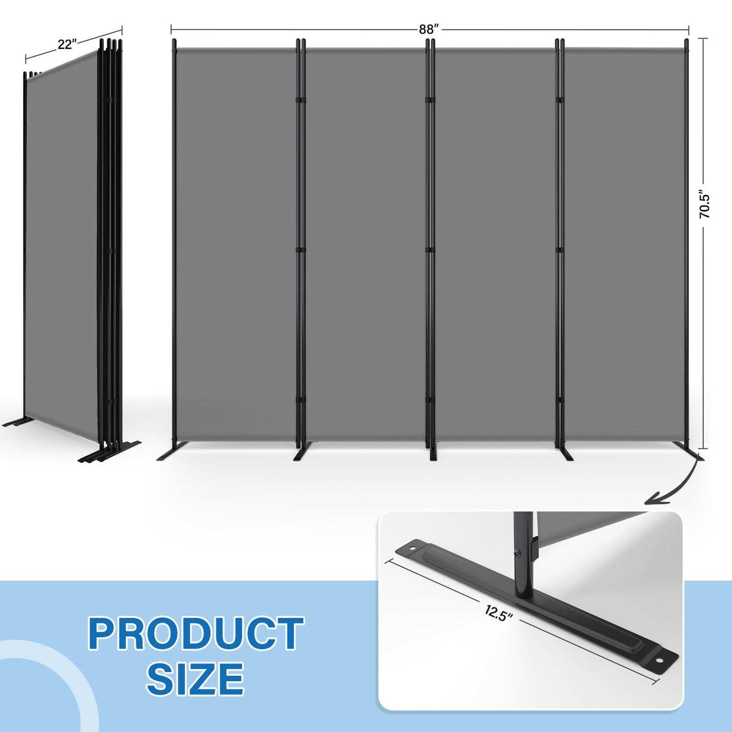 AKTOP 4 Panel Room Divider, 6FT Portable Wall Divider for Room Separation, 88" W Fabric Partition Room Dividers and Folding Privacy Screens, Freestanding Room Separators for Home Office Bedroom, Grey