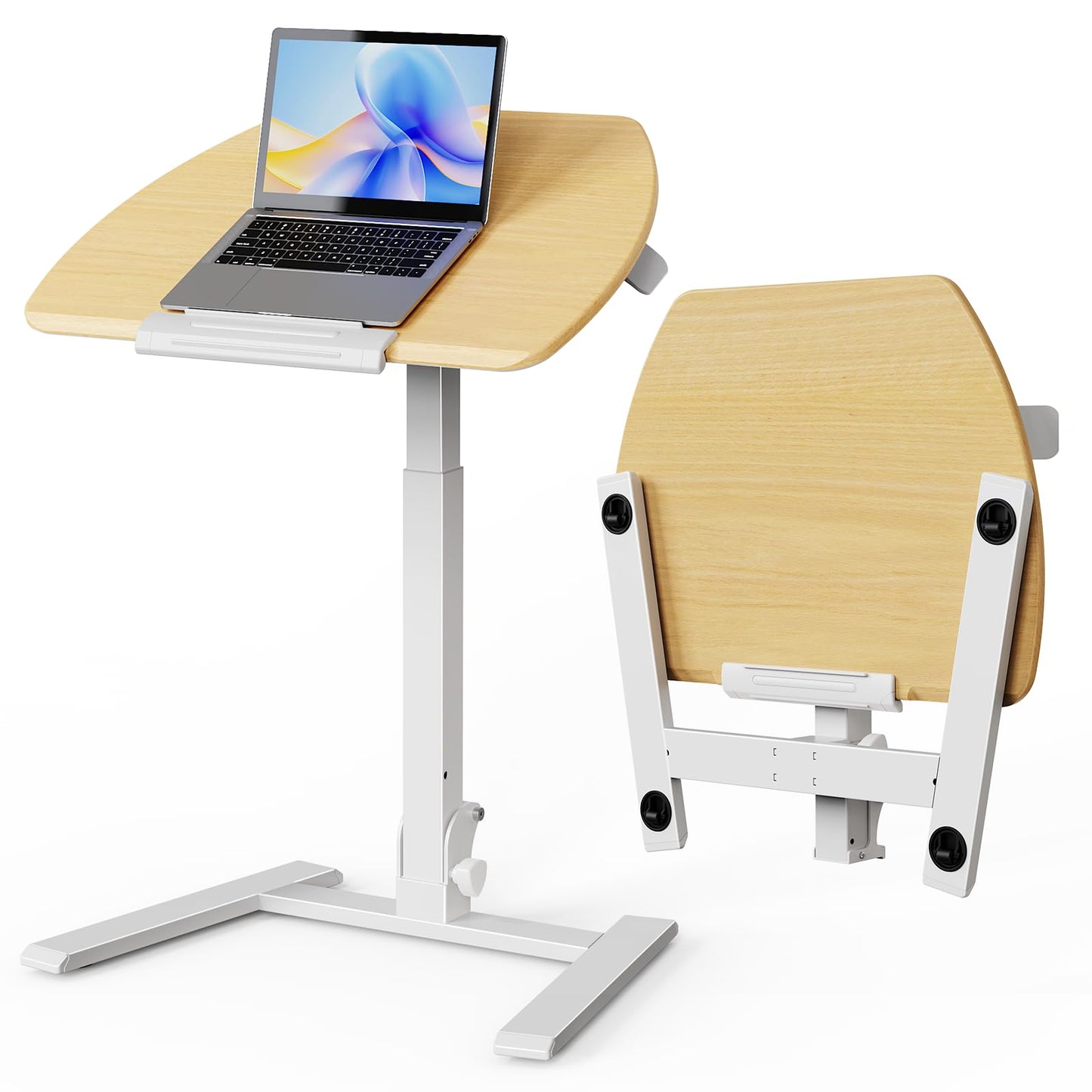 ROMOON Foldable Small Standing Desk with No-Assembly Design, Rolling Height-Adjustable Sit-Stand Table with Wheels, Space-Saving Portable Laptop Cart for Home Office and Small Space (Natural Oak)