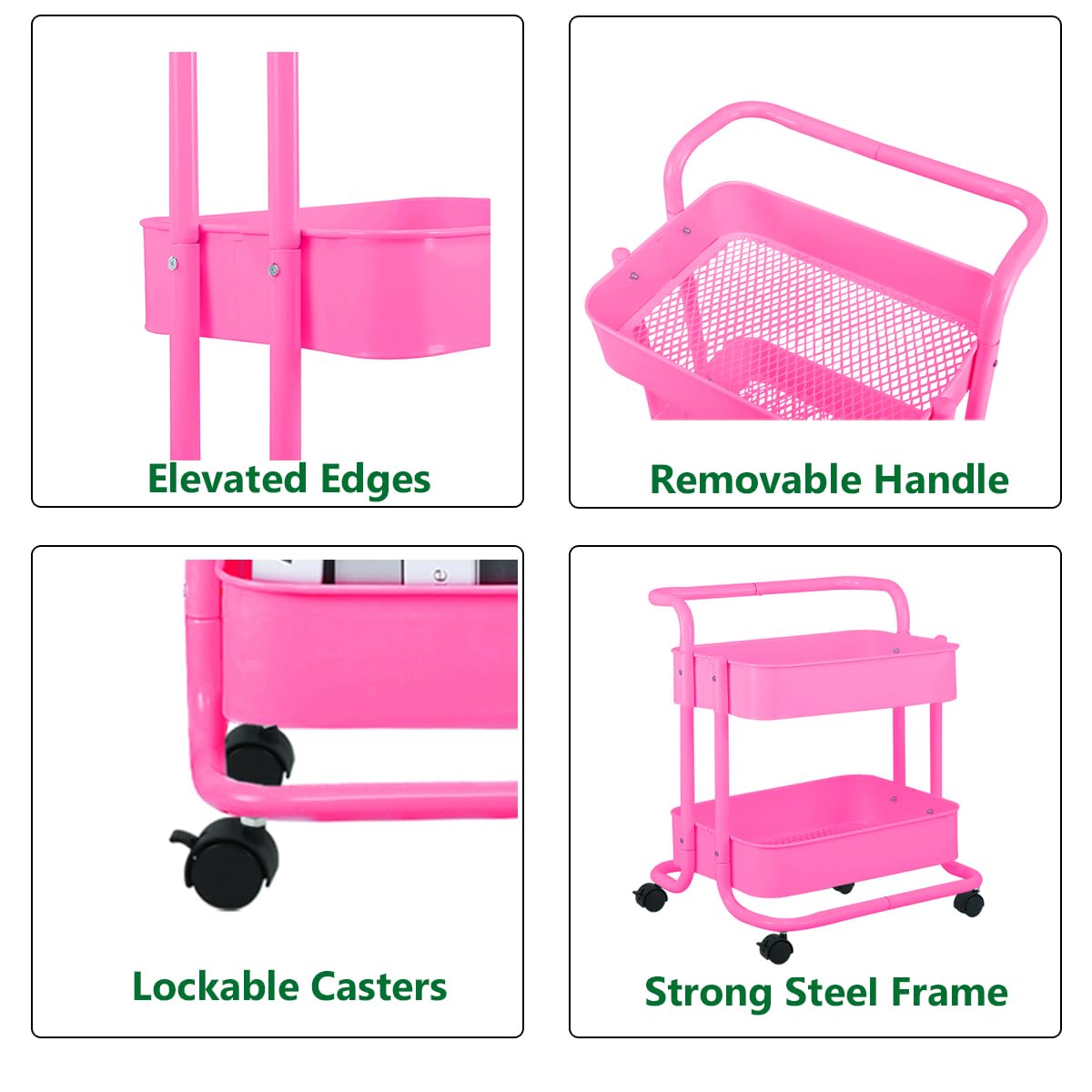 Melody House 2-Tier Metal Mesh Rolling Cart Storage Organizer with Utility Handle and Wheels, Multi-Functional Storage Trolley for Office Living Room Kitchen, Pink
