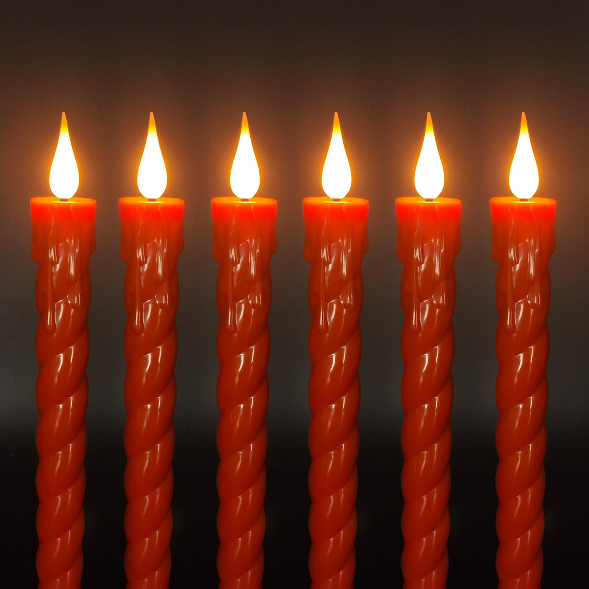 ODTRAM Flameless Taper Candles Flickering with Remote,Timer, Dimmer,9.7 Inch Orange 6 Pack Candle Sticks,Realistic Wax Drip,Battery Operated Candlesticks for Christmas Wedding Halloween Home Decor