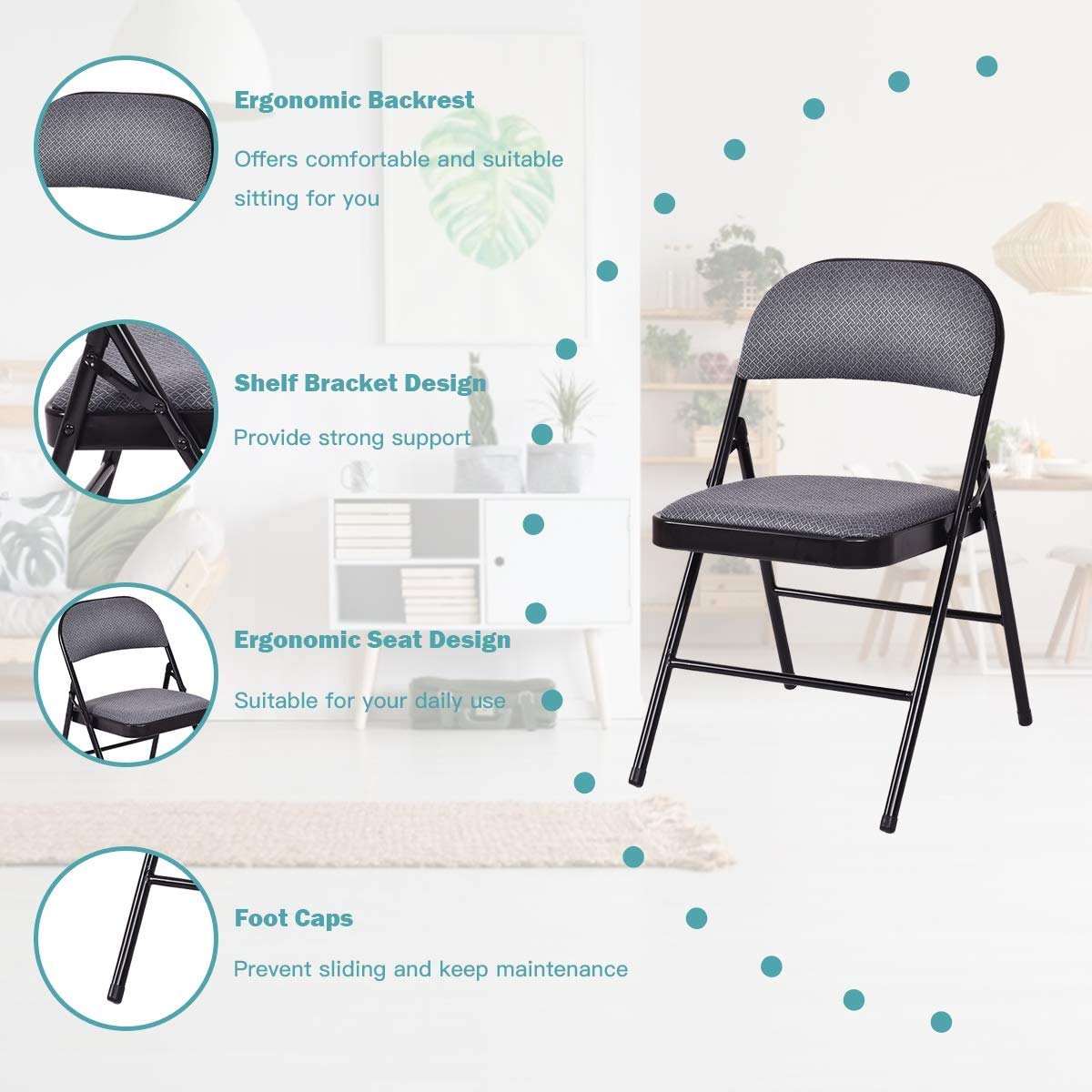 Giantex ReunionG 4 PCS Folding Chair, 4-Pack Portable Chairs with Upholstered Padded Seat and Back, Metal Frame Home Office Chairs (4 PCS)