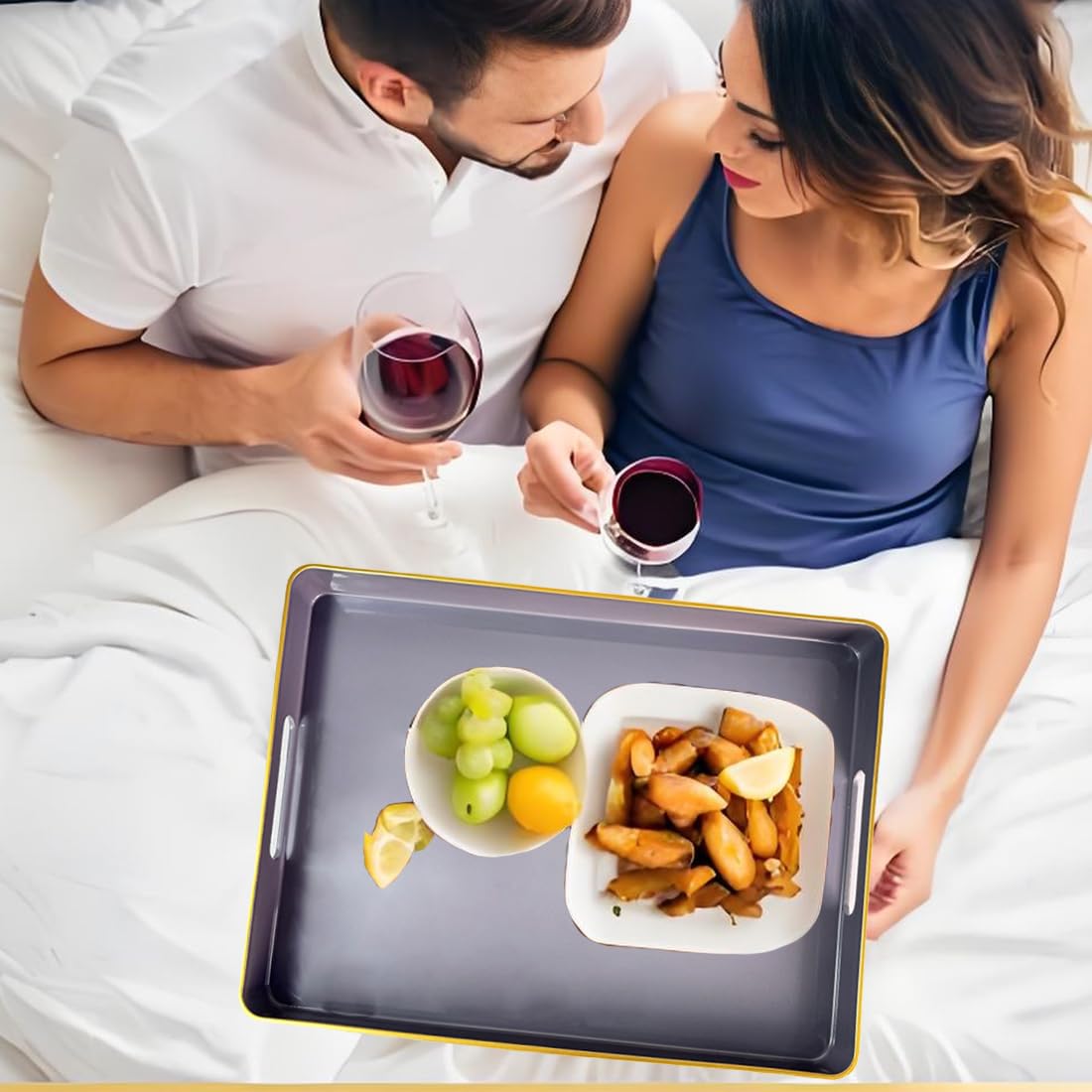UOEKCS Large Grey Coffee Table Tray, Decorative Serving Tray with Handles, Plastic Rectangular Tray for Ottoman, Bathroom, Living Room. 16.7"*12"*1.6"