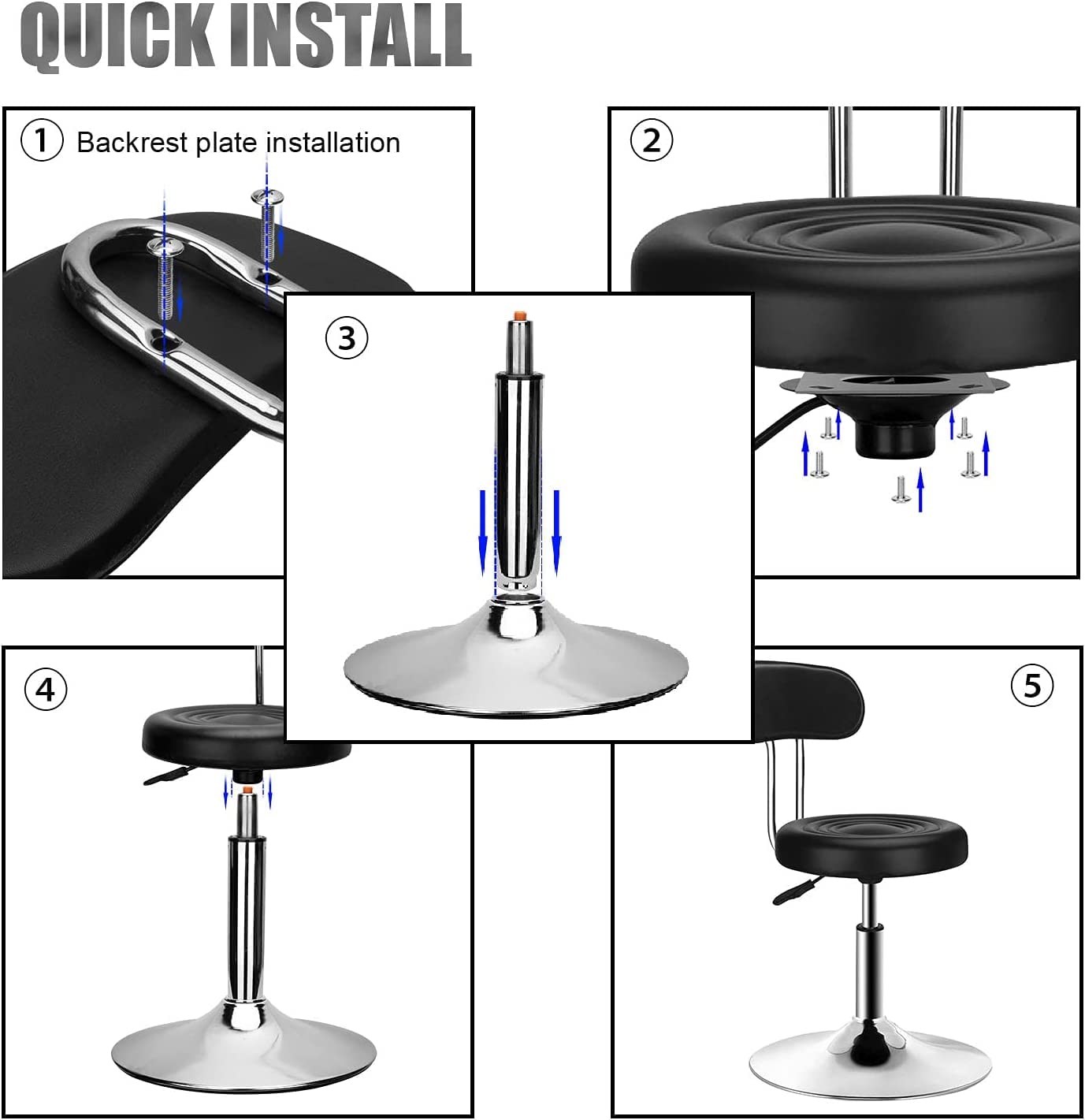 QiCheng&LYS Round Office Stool - Adjustable Height Sit Stand Stool, 360 Swivel, for Office, Home, Kitchen - Black with Backrest