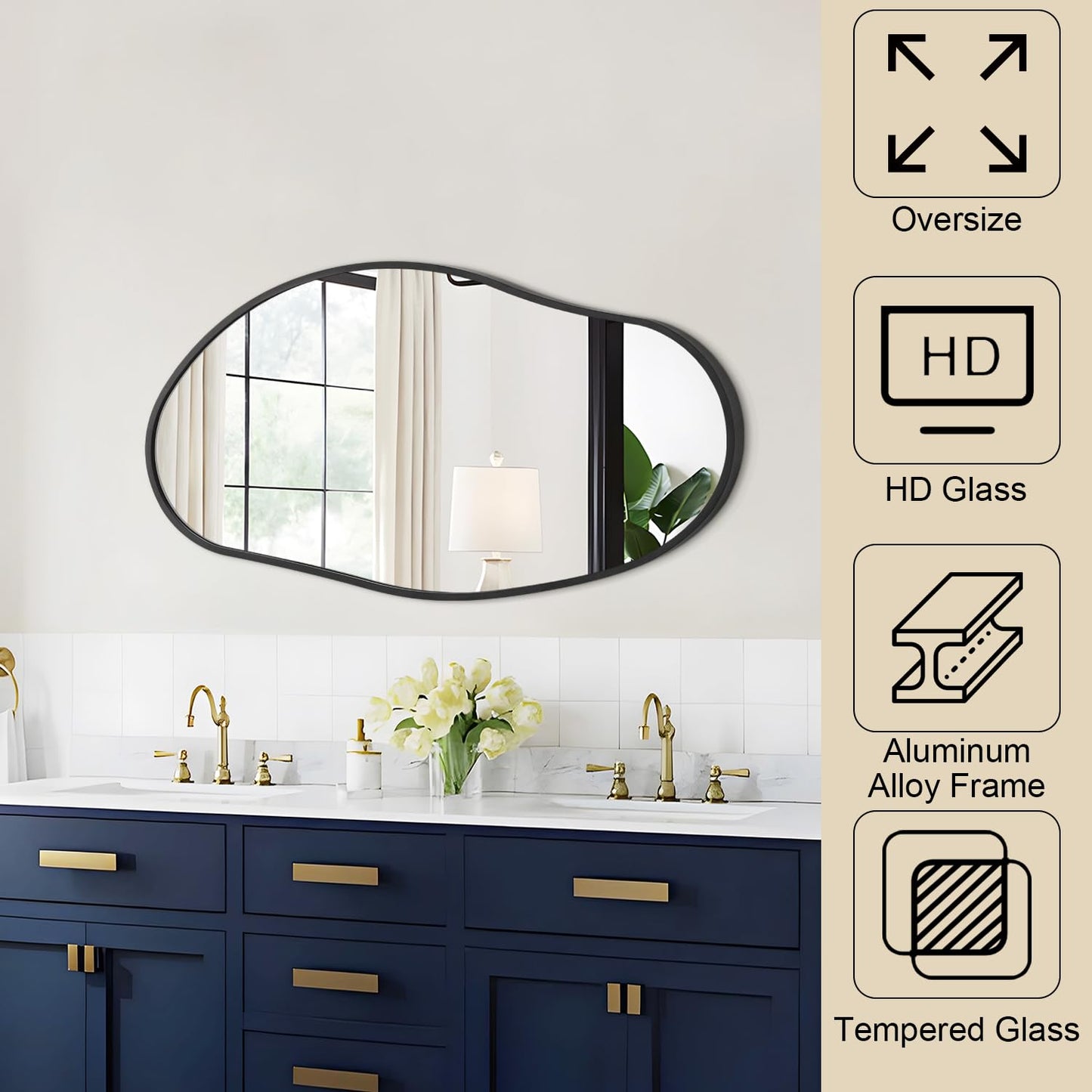 HLFMVWE Irregular Wall Mirror, Black Wall Mirrors Decorative 30"x18" Asymmetrical Bathroom Mirrors Aluminum Alloy Frame for Bedroom, Living Room, Cloakroom, Entryway Large
