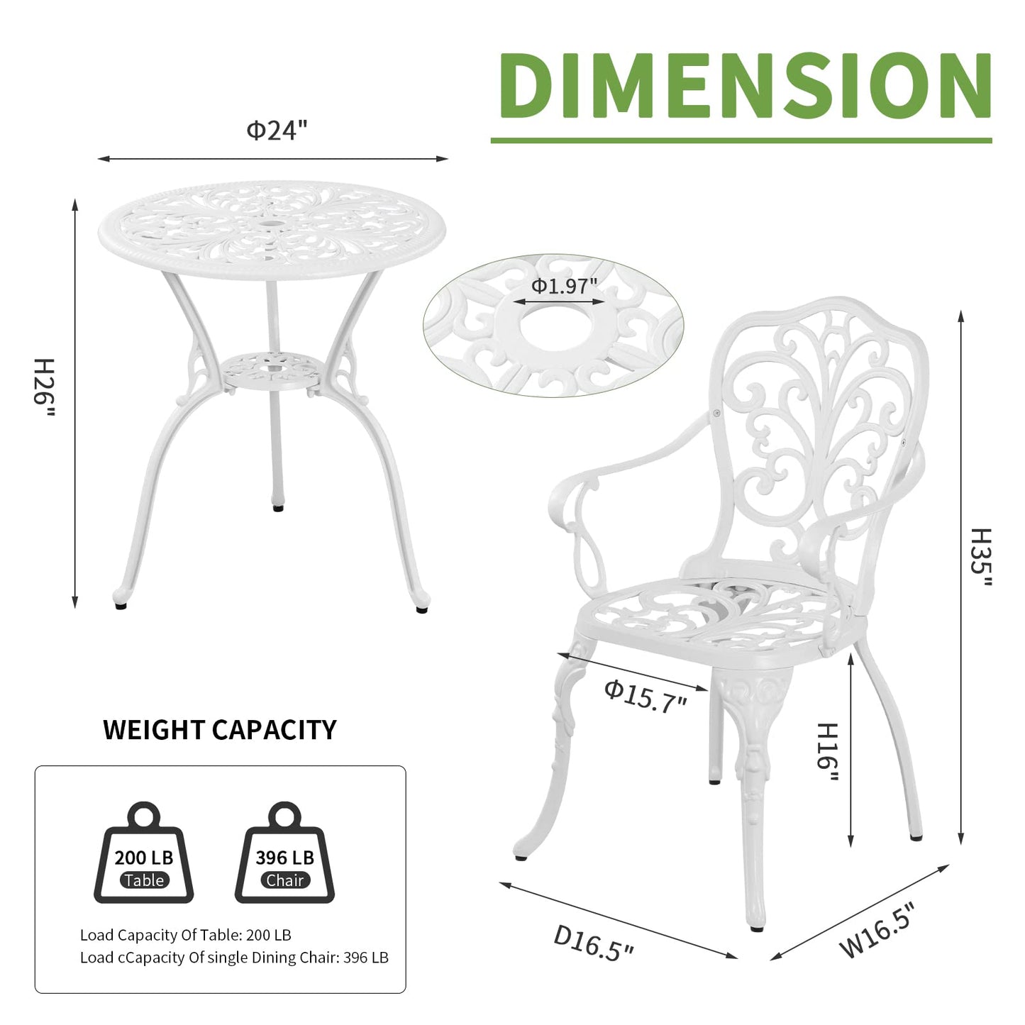 Withniture Patio Bistro Set 3 Piece Cast Aluminum Outdoor Bistro Set, Rust Resistance Bistro Table and Chairs of 2 with Umbrella Hole, Small Patio Set for Garden Outside, White