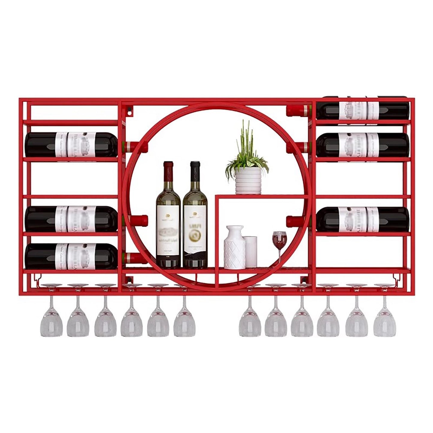Stylish Industrial Wall Mounted Wine Rack with Floating Shelves & Stemware Hanger - Perfect Wine Storage Solution for Home Bar, Kitchen & Dining Room (Red 47.3"x4.3"x28.3")