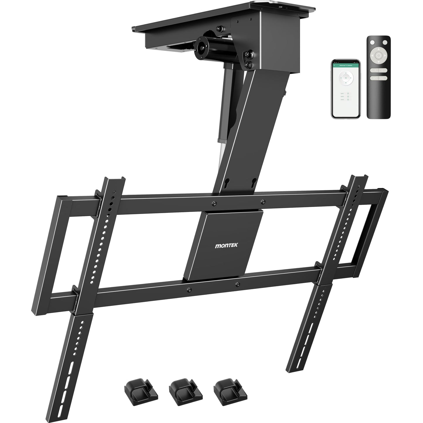 monTEK Motorized Ceiling TV Mount for 32-75 Inch TVs up to 121lbs, Heavy-Duty Electric Flip Down Ceiling Mount, Off-Center TV Compatible, Remote/App/Voice Control, Fits Flat & Pitched Roof
