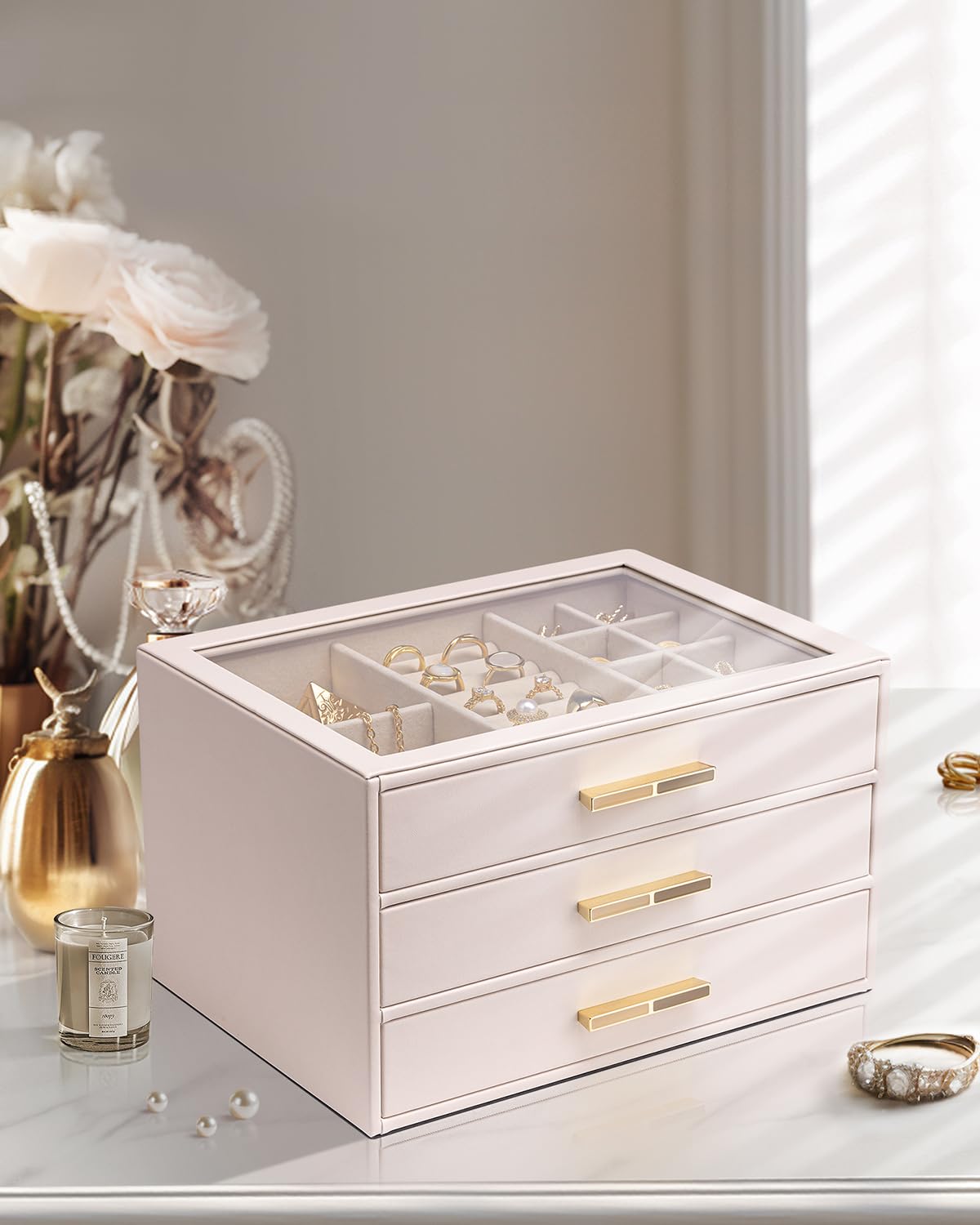 VLANDO Jewelry Box for Women, Glass Lid Jewelry Organizer with 3 Drawers for Necklaces Rings Earrings Bracelets - Light Pink