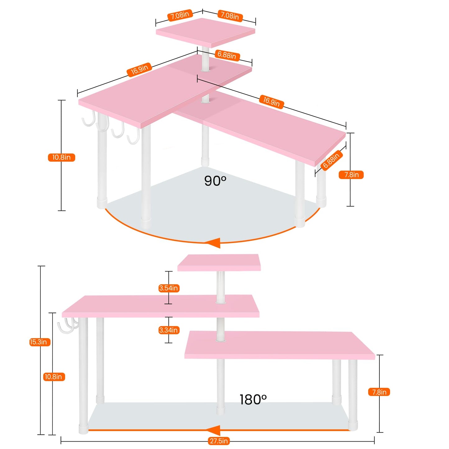 Homode 3-Tier Counter Organizer Shelf for Bathroom, Corner Shelf for Countertop, Over Sink, Make Up, Dresser Table, Desktop - Pink