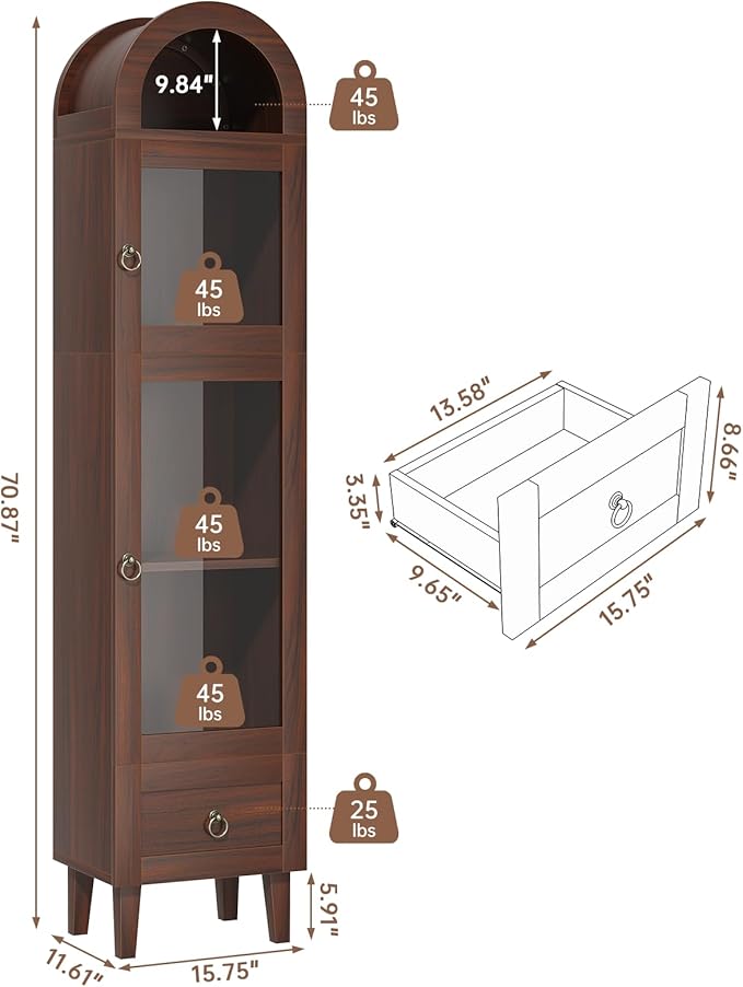 71" Tall Arched Cabinet with Acrylic Door, Modern Curio Arched Bookcase with