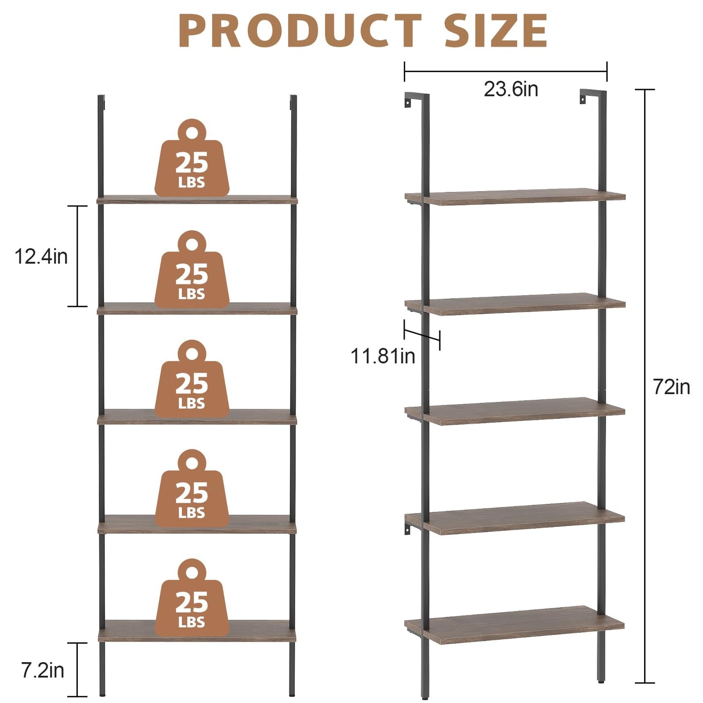 Wolawu 5 Tiers Ladder Shelf Brown Modern Bookshelf Open Tall Wall Mount Bookcase Standing Leaning Wall Shelves Industrial Decorative Living Room Bed Room