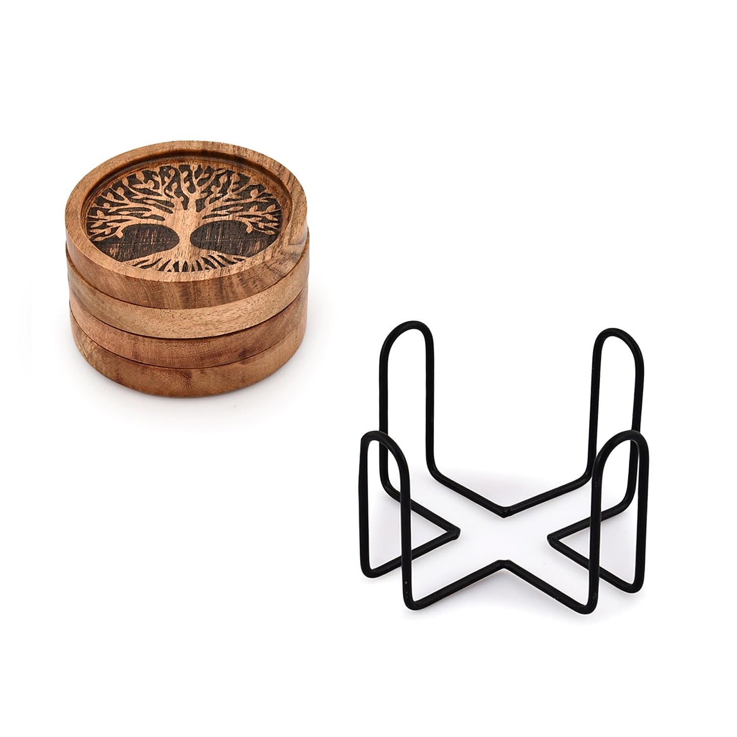 Kaizen Casa Coasters Set of 4 Acacia Wood Round Wooden Tree of Life Coasters for Drinks with Iron Holder for Modern Home Decor, Home Dining Table Décor (4" X 4" X 0.5)