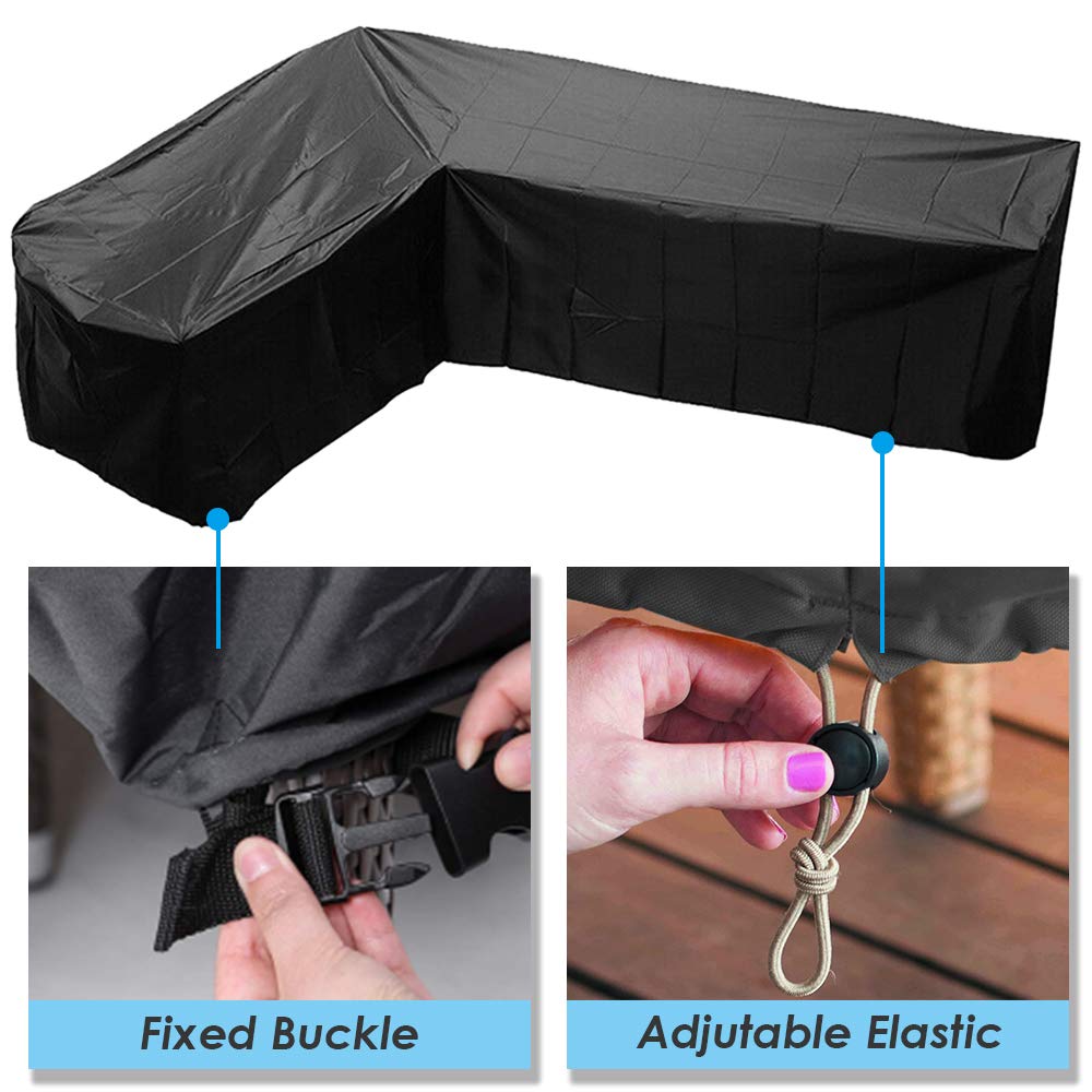 COOSOO Patio Sofa Cover Sectional Waterproof L Shape Corner Sofa Cover Outdoor Dust-Proof Anti-UV Furniture Couch Cover for Lawn Garden Yard Indoor with Windproof Buckle Extra Large Black