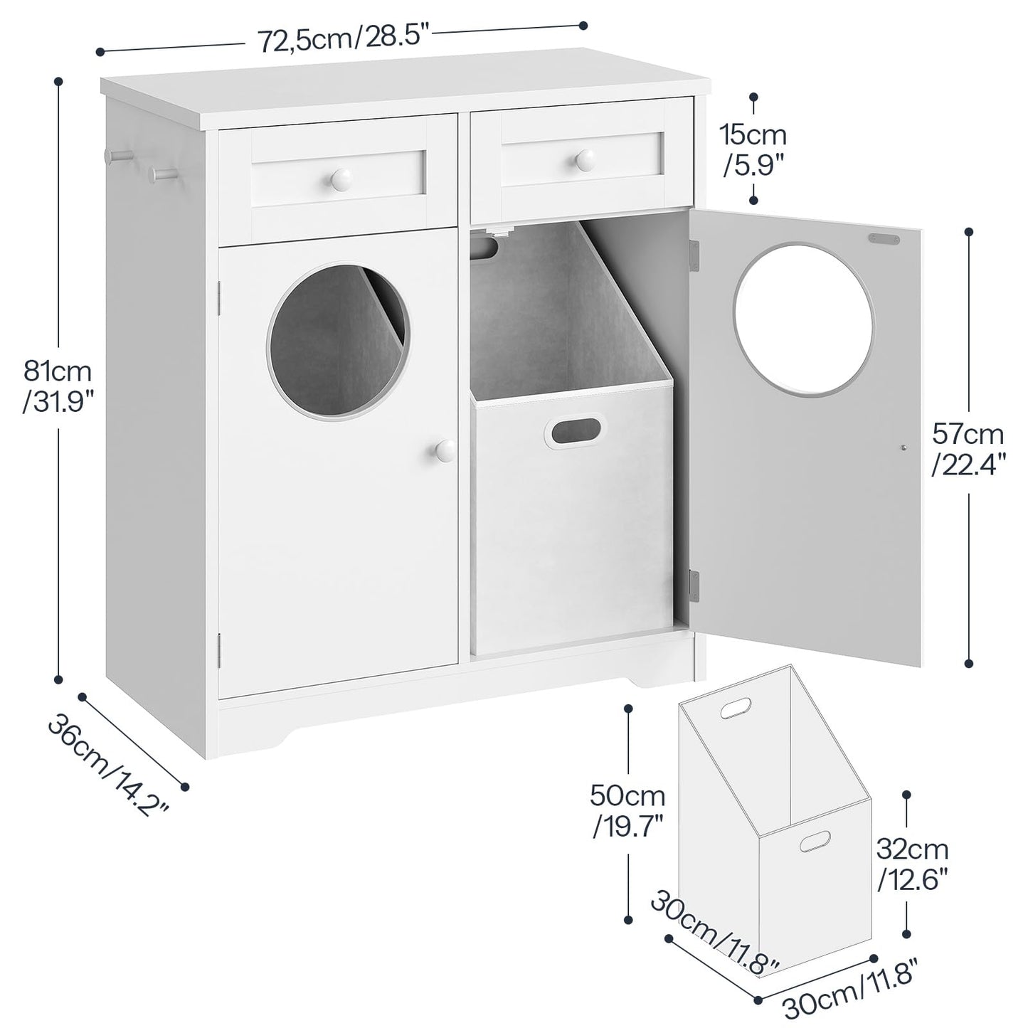 HOOBRO Double Laundry Hamper Cabinet, Hidden Laundry Cabinet with 2 Drawers & 2 Baskets, 20 Gallon Farmhouse Bathroom Laundry Hamper with 2 Clothes-Toss Holes, White WT36XY01