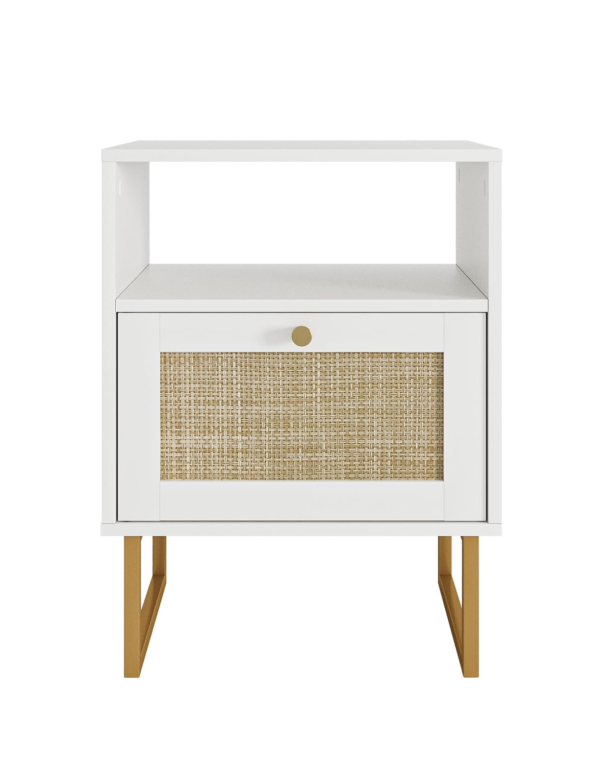 Apetaccat Rattan Nightstand, Boho Night Stand Farmhouse Wood Bedside Table with Storage and Open Shelf, End Side Accent Table for Bedroom,Living Room,White