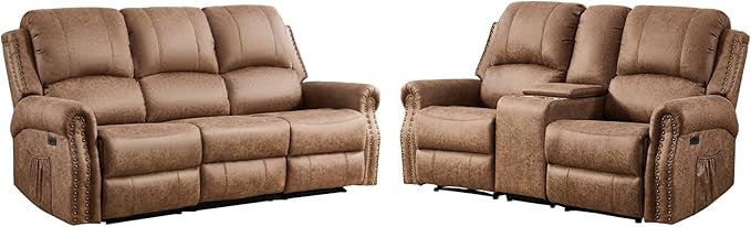 EBELLO 2 Pieces Power Reclining Sofa Set, Faux Leather Reclining Living Room