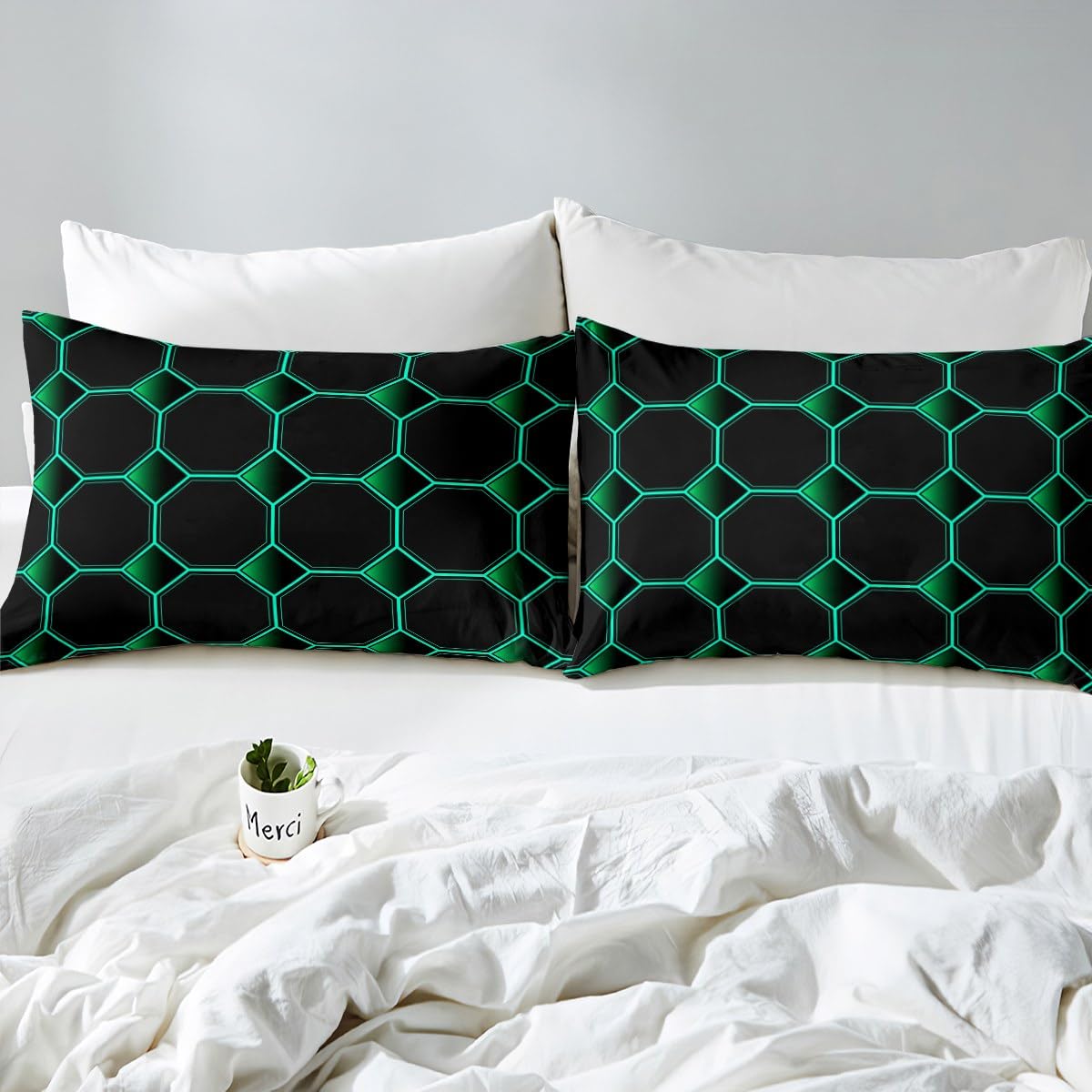 Honeycomb Bed Sheets Set Queen Size Geometric Hexagonal Beehive Sheet Set for Boys,3D Stereoscopic Green Hexagon Sheets,Neon Simplistic Geometrical Black Room Decor