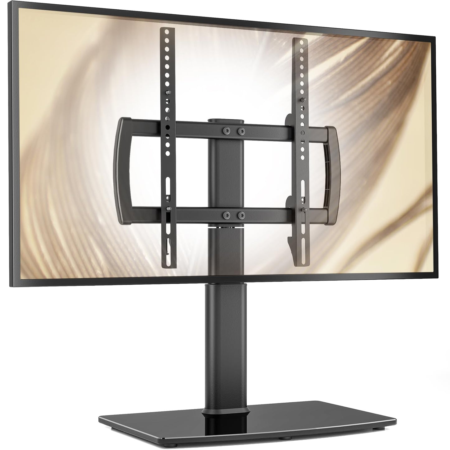 Universal Swivel/Table Top TV Stand 27 to 60 inch TVs 80 Degree Swivel, 4 Level Height Adjustable, Heavy Duty Tempered Glass Base, Holds up to 99lbs Screens, HT04B-001