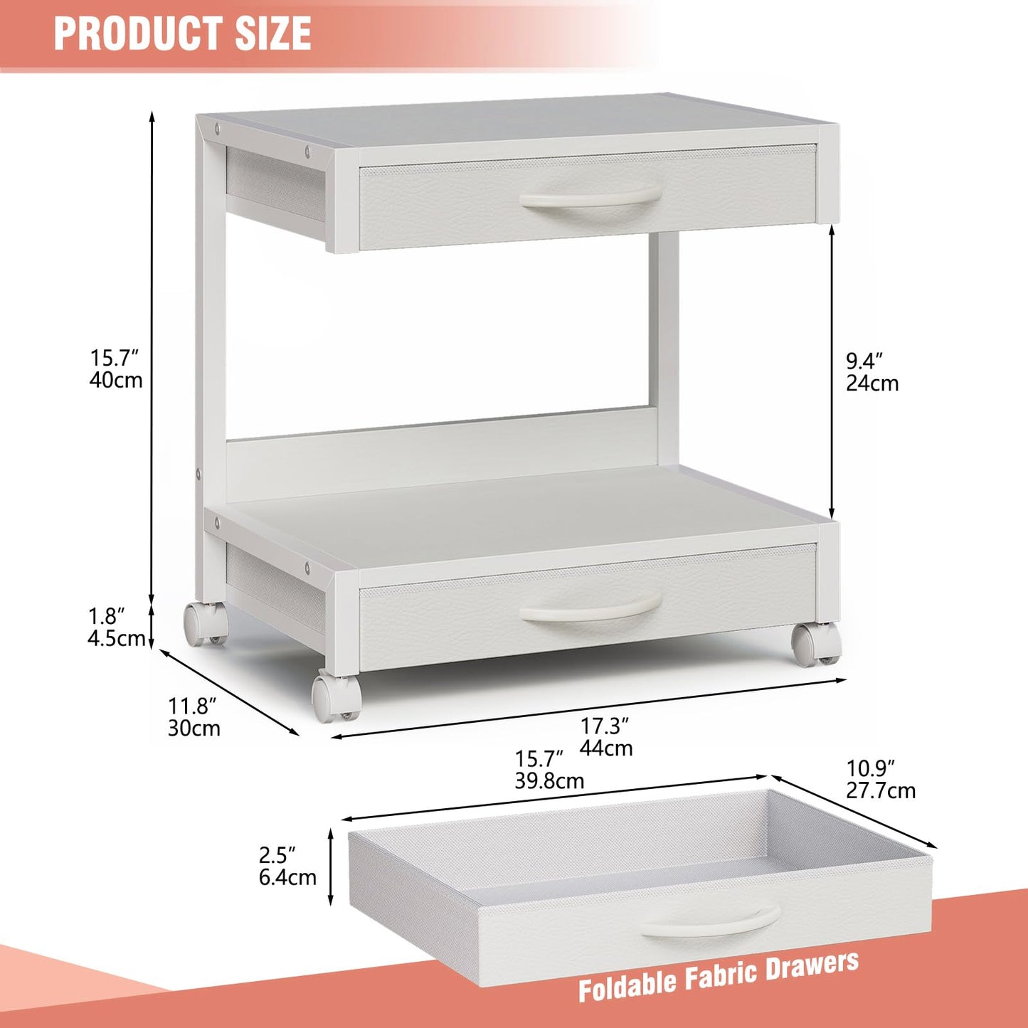 VENNQD 2-Tier Desktop Printer Stand with 2 Fabric Drawers, Prtiner Table with Storage Shelf, Desk Organizer for Home Office,3D Printer,Fax Machine,Scanner (White, 2 Tier)