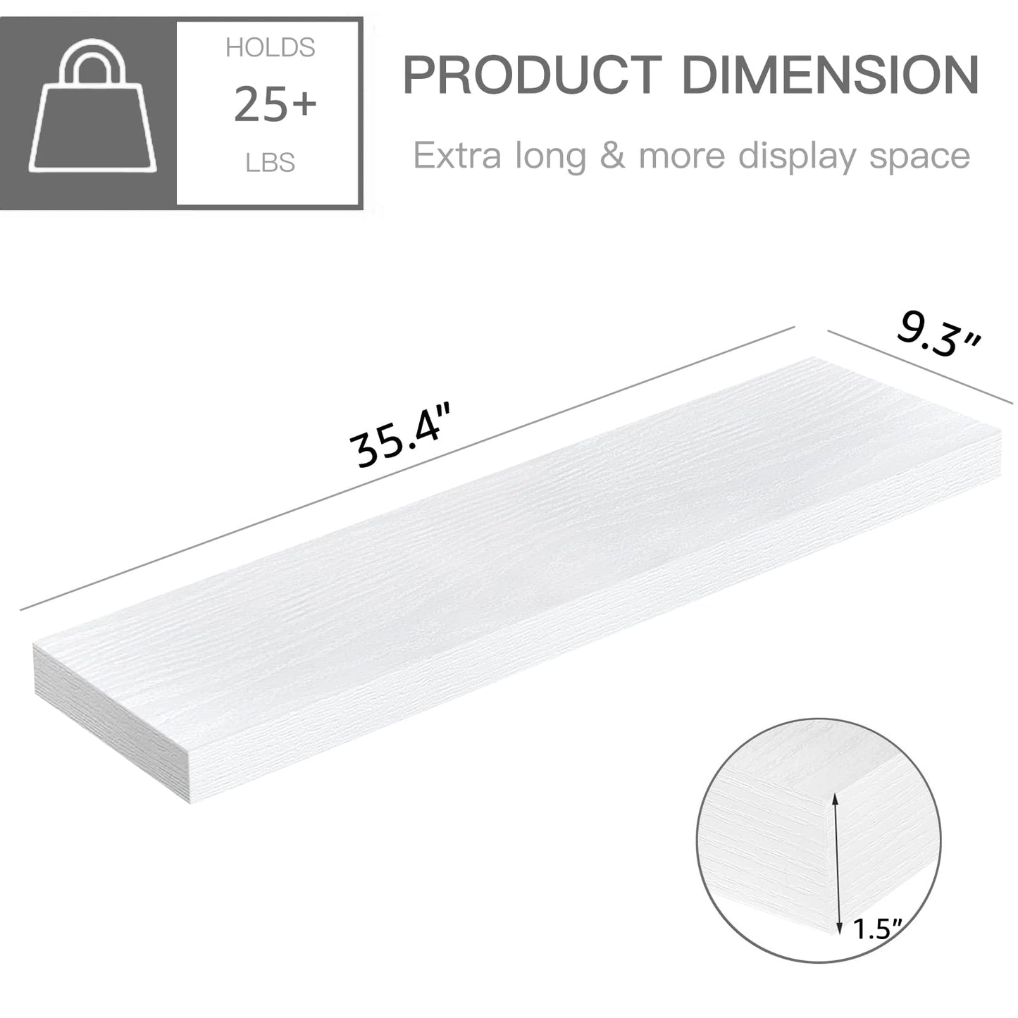 QEEIG Floating Shelves for Wall 35.4" Long - Wall Mounted Shelf Bathroom Kitchen Living Room Bedroom Farmhouse Home Decor Display Bookshelf Large 35.4 x 9.3 inch Set of 2, White (008-90W)