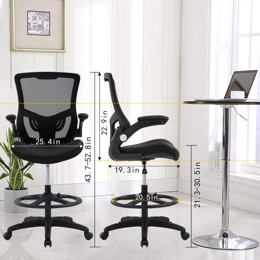 BestOffice Drafting Chair Ergonomic Tall Office Chair Standing Desk Chair with Flip Up Arms Foot Rest Back Support Adjustable Height Mesh Drafting Stool, Black