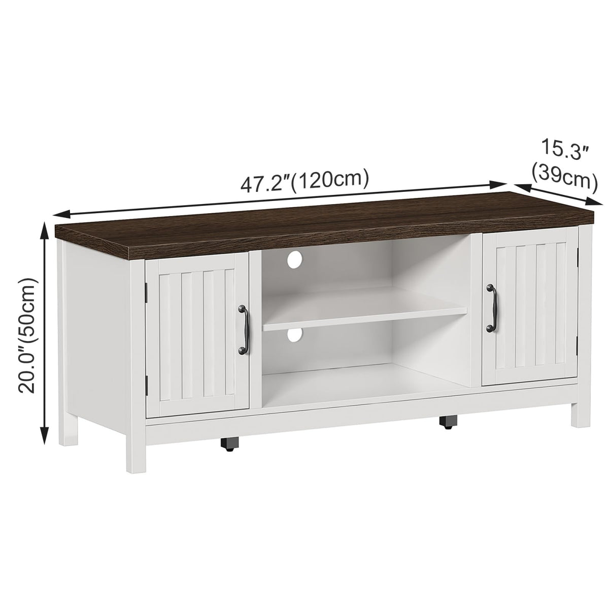 ChooChoo Farmhouse TV Stand, Wood Fluted Door Entertainment Center with Storage Cabinets and Open Shelves, Rustic Media Console up to 55 inches for Living Room, Bedroom, White