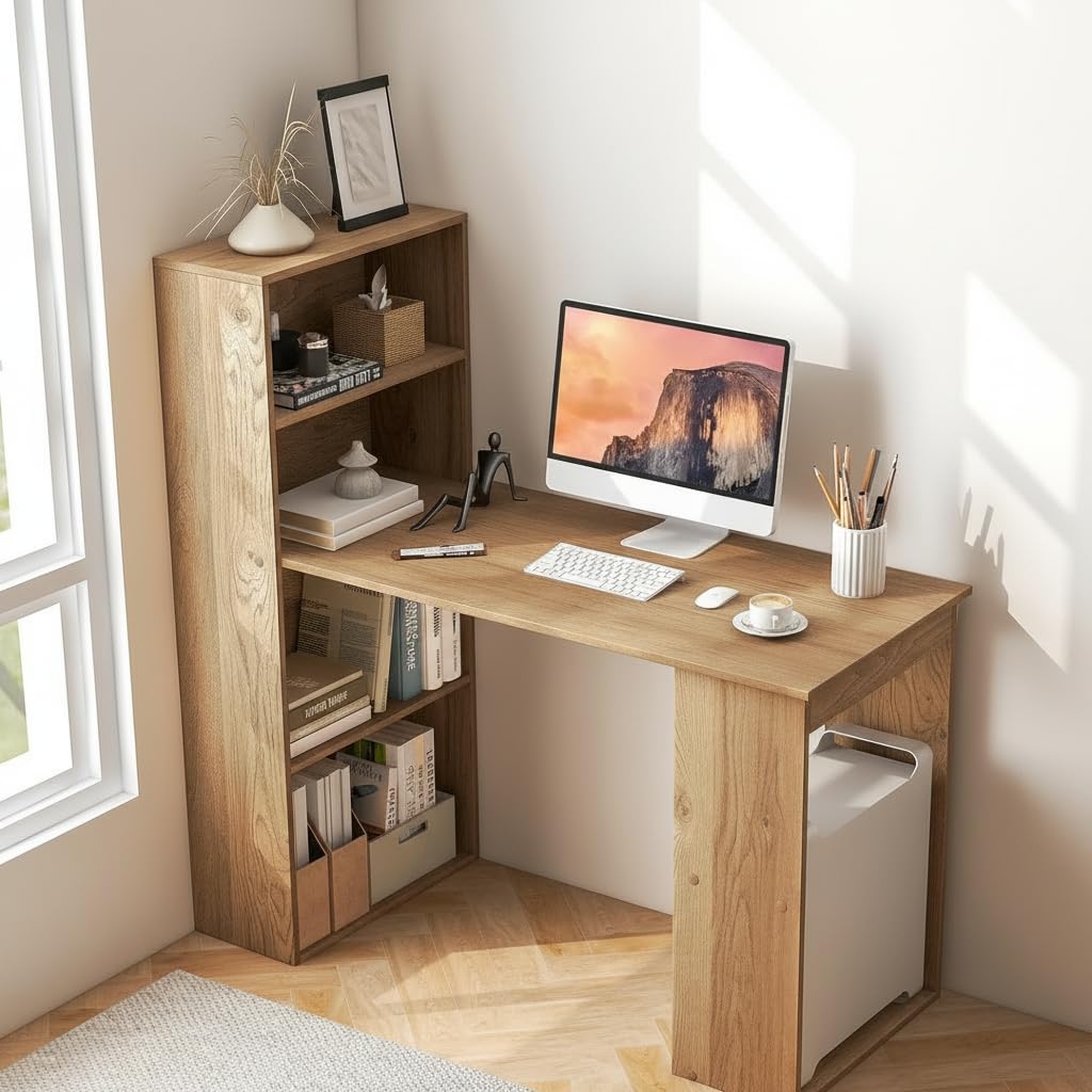 Tangkula Computer Desk with Bookshelf, Writing Study Desk with Storage Shelves & CPU Stand, Modern Compact Computer Workstation for Home & Office, Space-Saving Design(Natural)
