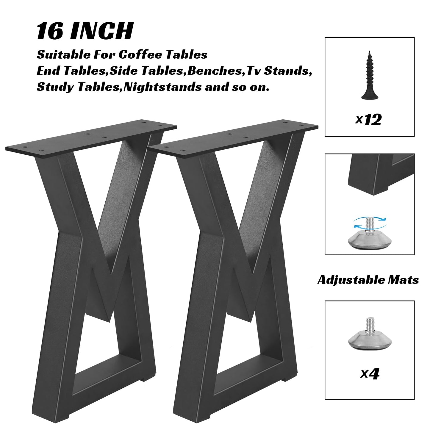 Rioychan 16 '' Metal Bench Legs, Desk and Coffee Table Legs Heavy Duty Iron for DIY Black End Side Tables, Furniture, Modern Desks, Bench, Sofa, V Shape