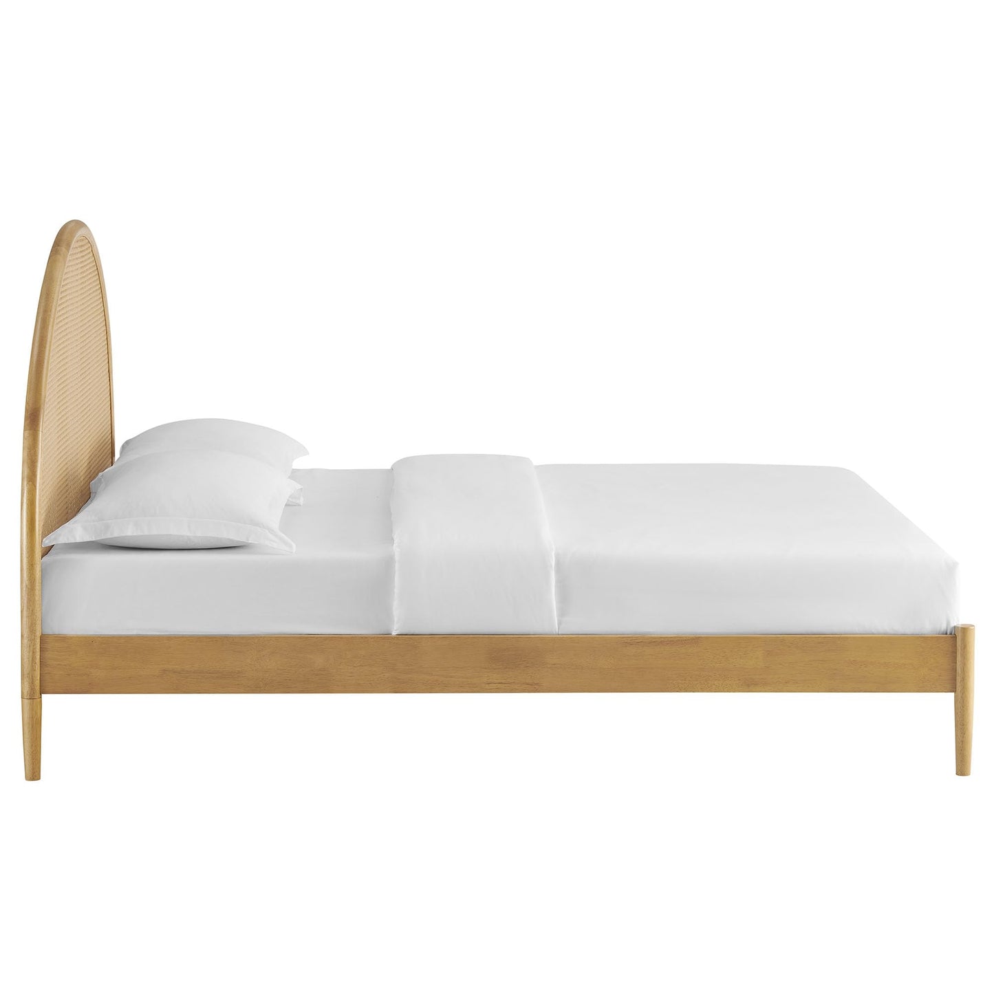 Modway Odette Arched Queen Platform Bed in Oak with Rattan Cane Headboard – Wooden Queen Half Moon Bed Frame – Mid-Century Modern Queen Size Platform Bed Frame