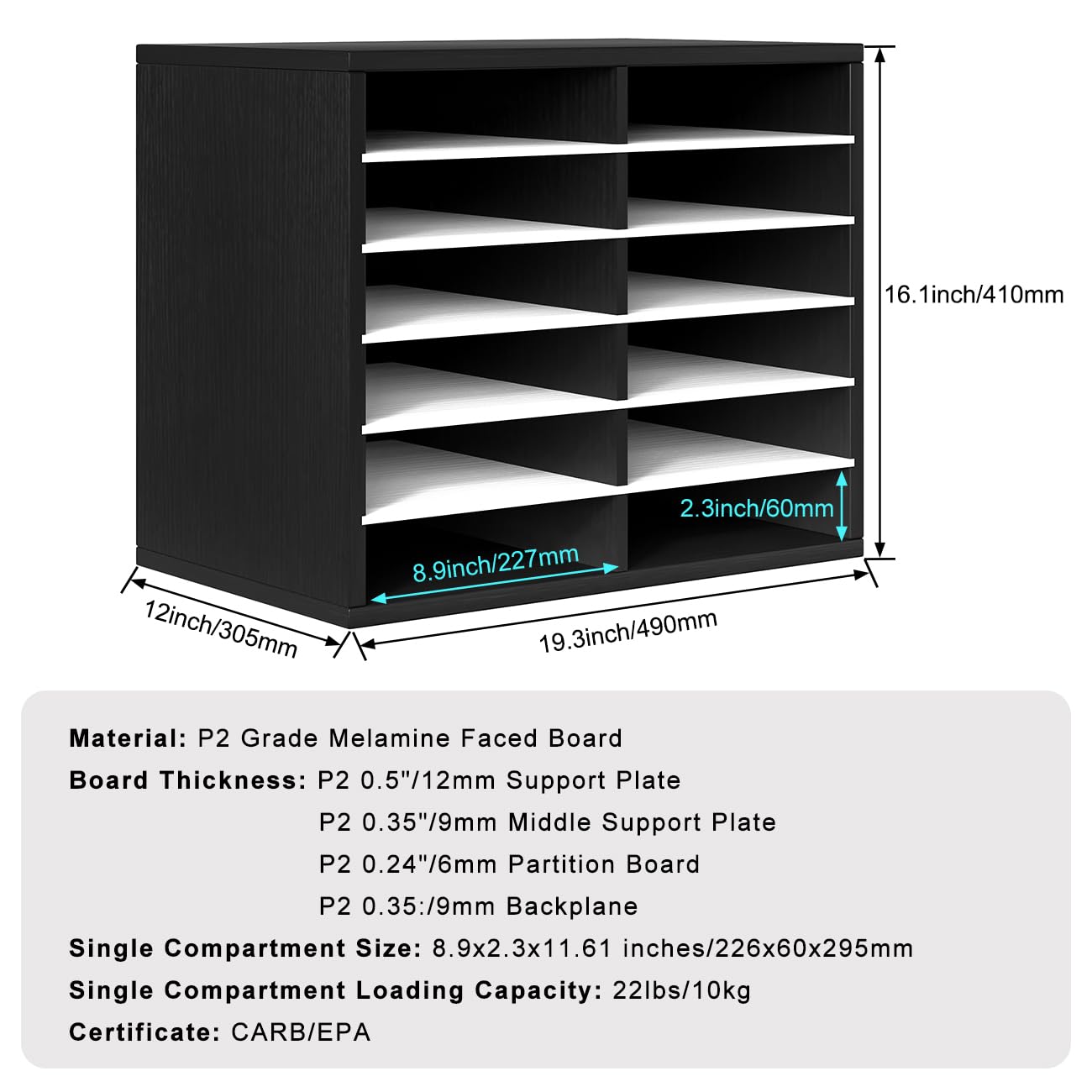 PAG Countertop Mail Sorter Organizer, Wooden Literature Organizer, Student Mailbox for Classroom, Desktop Bill Organizer for Office Home School, 12 Compartments, Black&White