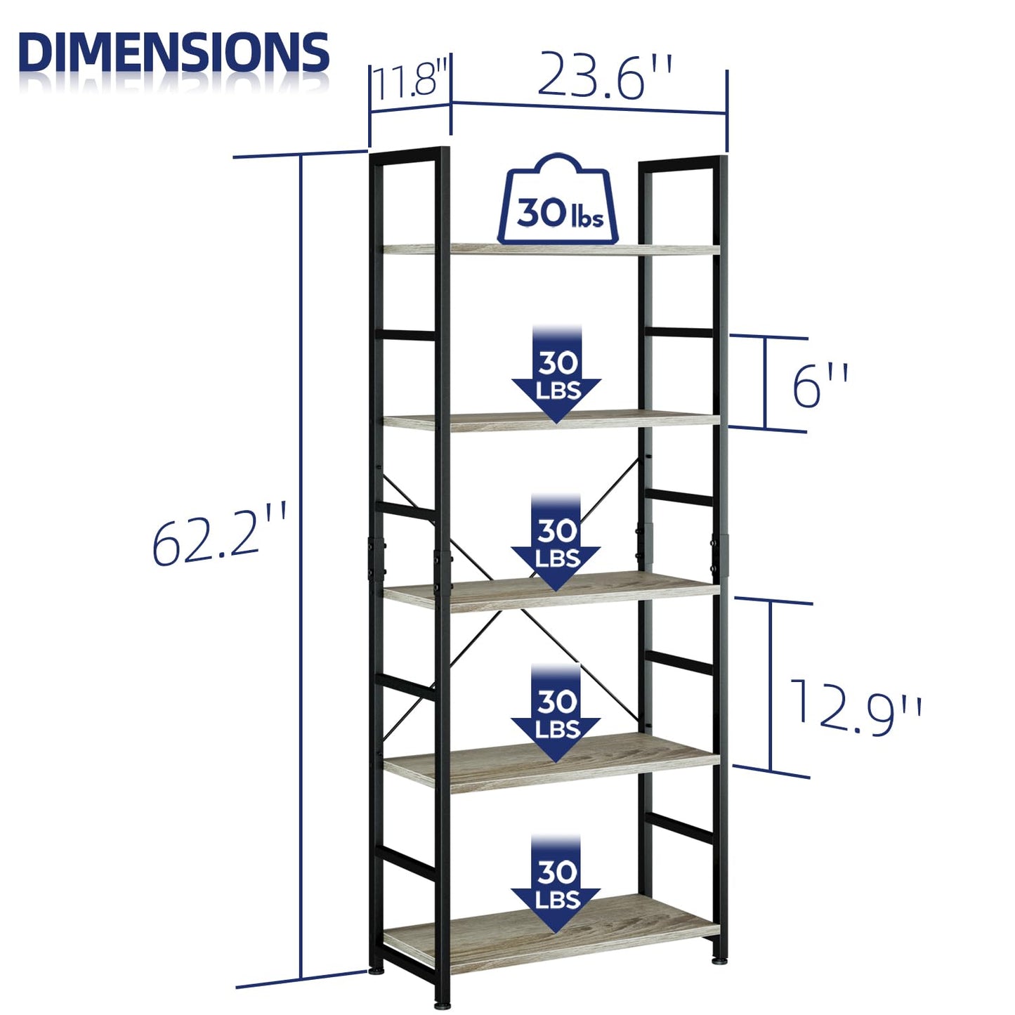 NUMENN 5 Tier Bookshelf, Tall Bookcase Shelf Storage Organizer, Modern Book Shelf for Bedroom, Living Room and Home Office, Grey