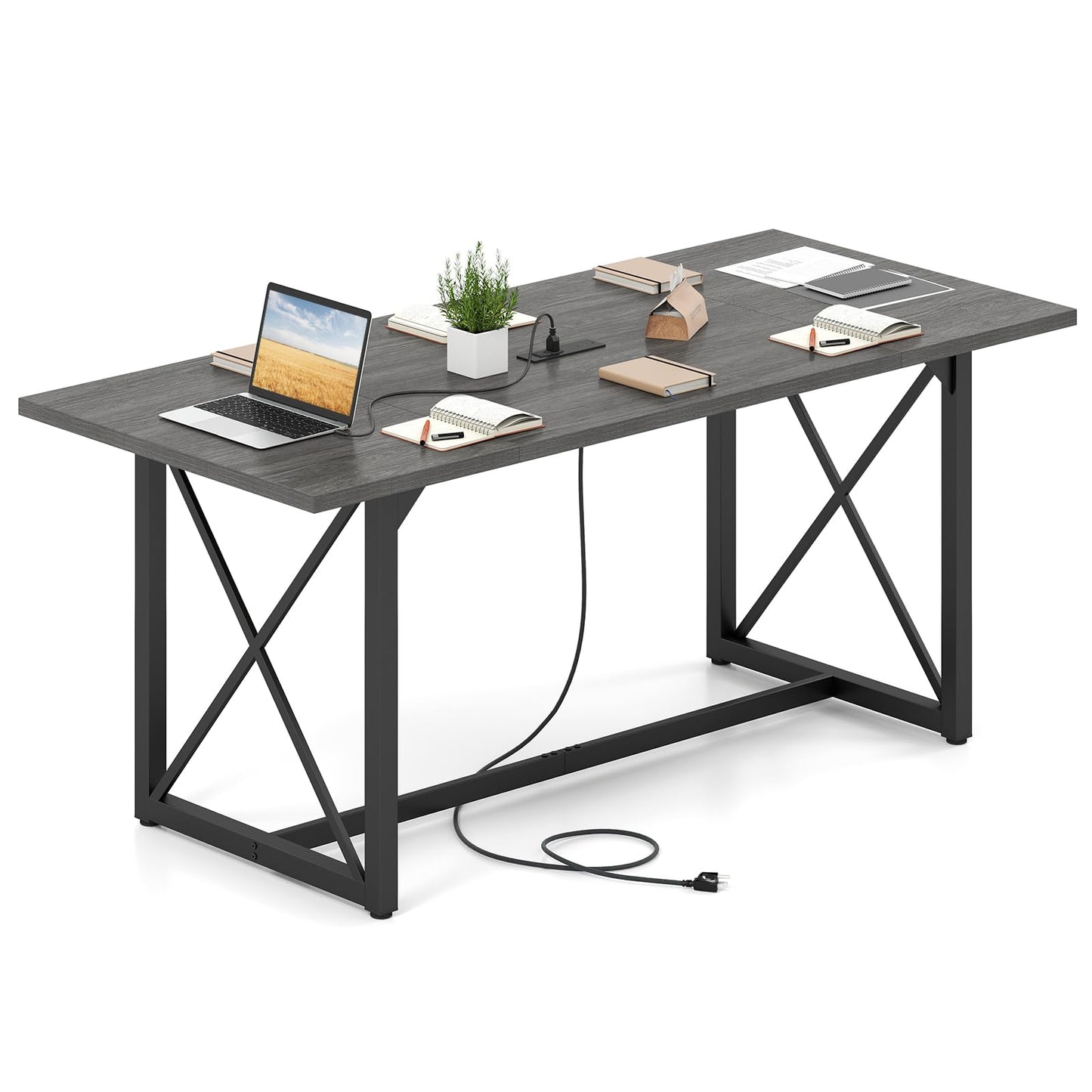 Giantex 6FT Conference Table with Power Outlets, Large Rectangle Meeting Table for 6-8 People, Modern Seminar Boardroom Table w/Stable Metal Frame, Computer Desk for Office Conference (Grey Oak,1)