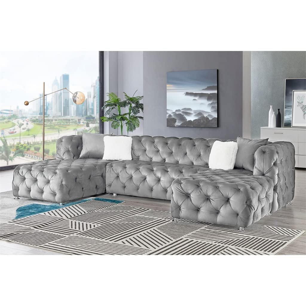 DUYHBAWRS U-Shaped Modular Sofa Grey Velvet Fabric Living Room Furniture
