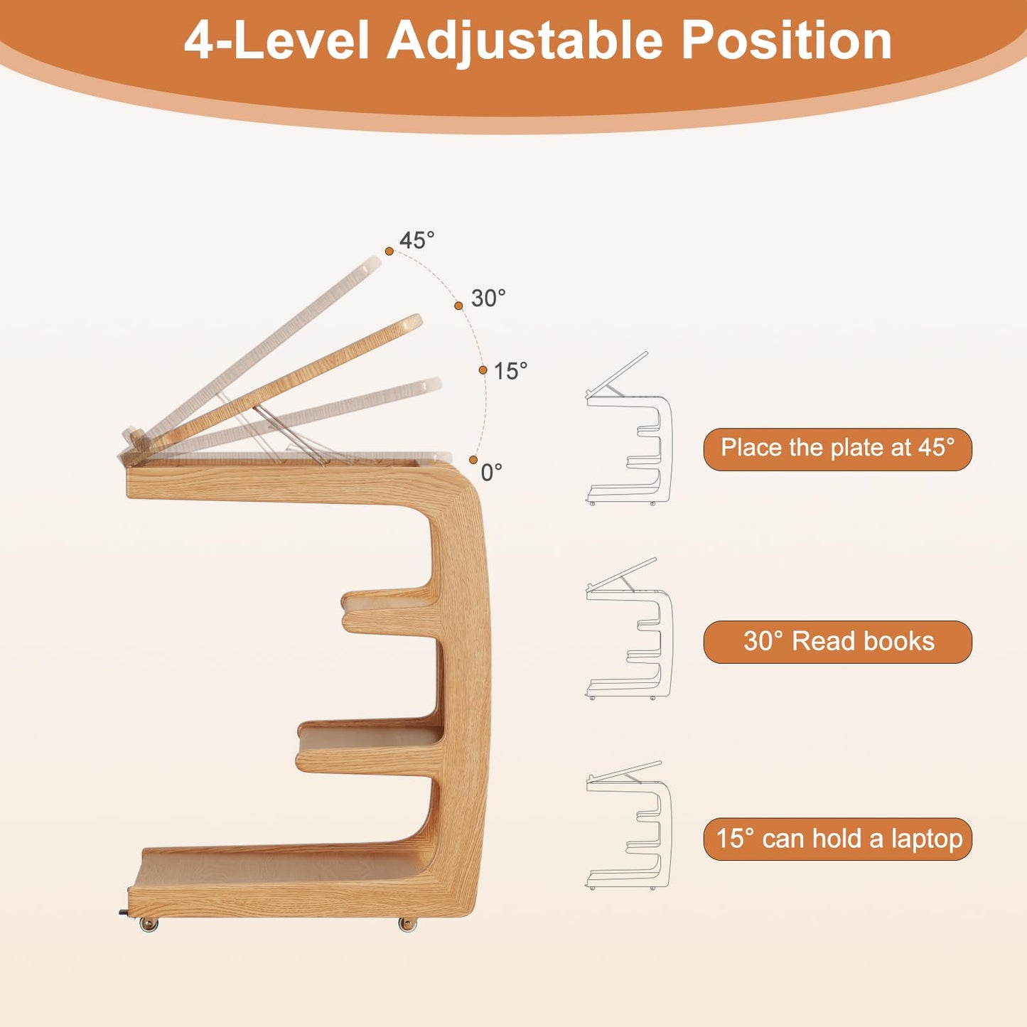 AQIMUELE Rolling Side Table, C Shaped End Table, C Table with 4 Wheels Solid Wood Small Rolling Desk with Adjustable Desktop,C Shaped End Table for Couch,Home Office(15.6" D x 23.6" W x 24.3" H)