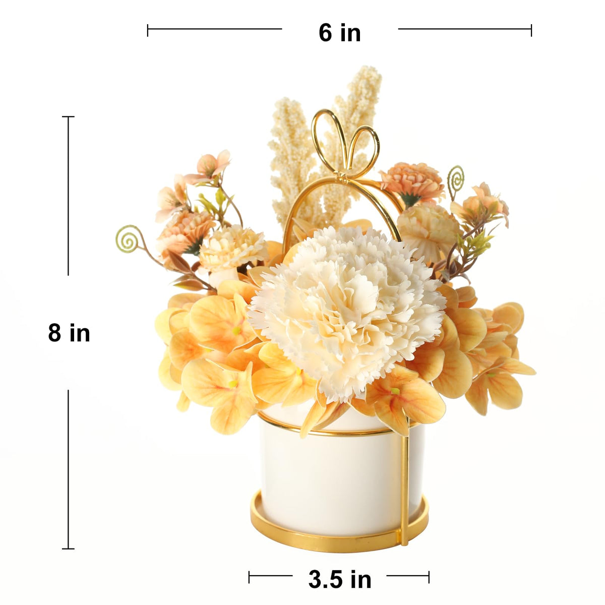 UBOSU Artificial Flower Arrangement with Vase, Champagne Hydrangea Carnation in White Ceramic Pot with Gold Stand, Small Centerpiece for Wedding Dining Room ﻿
