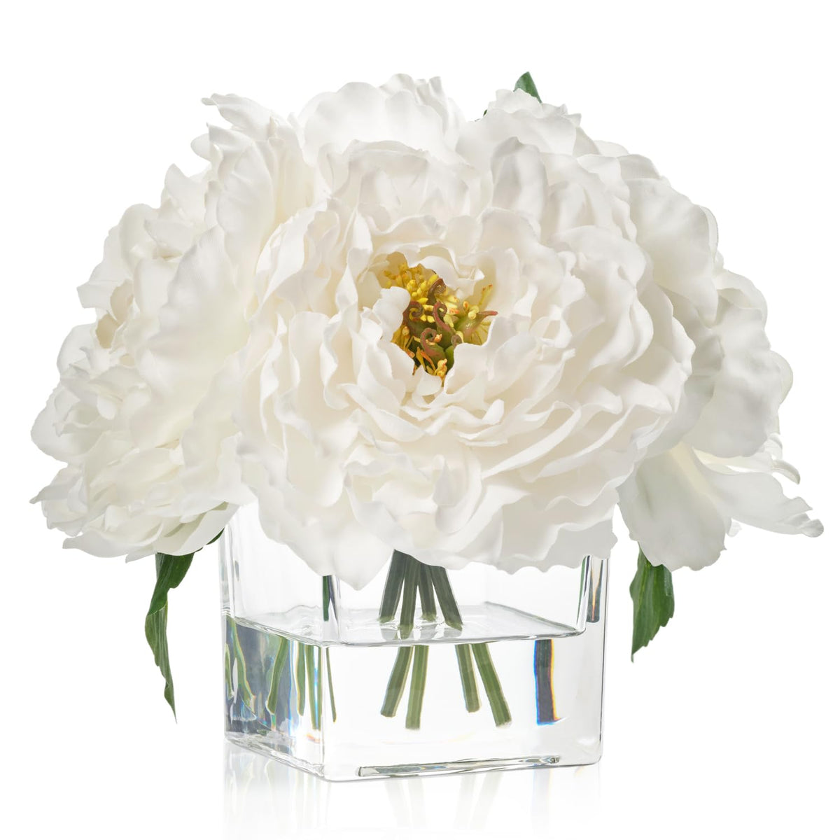 Artificial Peonies Flowers Arrangement in Cube Glass Vase, WELLKNOWN Ivory White Silk Flowers Centerpiece for Home Party Wedding Dining Coffee Table Decor, Faux Peony Flower Bouquet with Fake Water