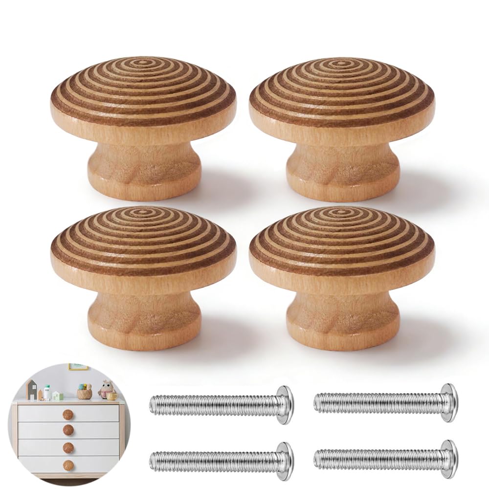 YOODYOOK 4 Pack Wooden Drawer Knobs - Handmade Cabinet Knobs with Easy Installation for Kitchen Cabinets & Dresser Drawers, Boho Unique Wood Knobs for Home & Office Furniture Decor