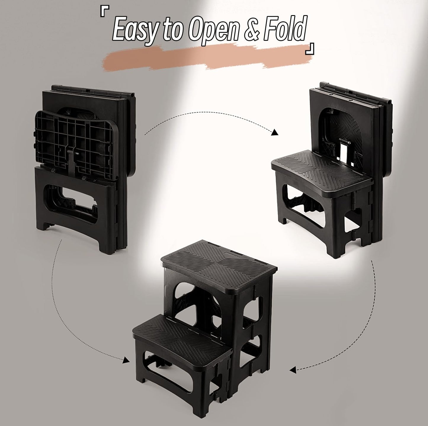 2 Step Stool Foldable, Non-Slip Steps, Folding Step Stool for Adults & Kids, Plastic Stool Pool Ladder, Collapsible Stools 2 Step Ladder for Kitchen Toilet Bedroom Office RV, Holds 330 lbs, Black