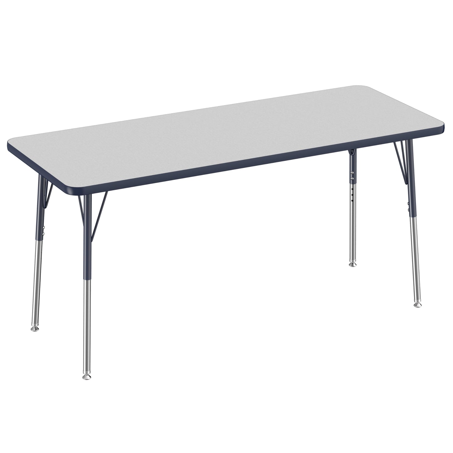FDP Rectangle Activity School and Office Table (24 x 60 inch), Standard Legs with Swivel Glides, Adjustable Height 19-30 inches - Gray Top and Navy Edge