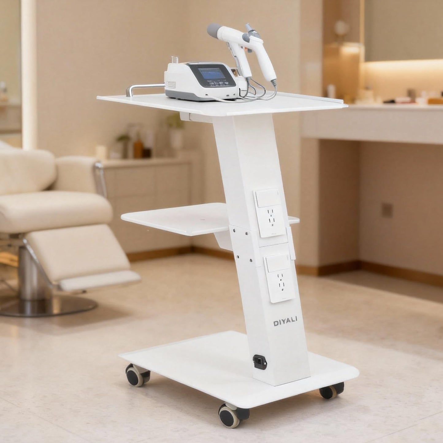 OIYALI Esthetician Cart with Sockets, Beauty Salon Cart with Wheels, Three-Tier Metal Mobile Table, 100-Pound Capacity, Suitable for Nail Salons, Tattoo Studios,Clinics, Hair Salon, and More