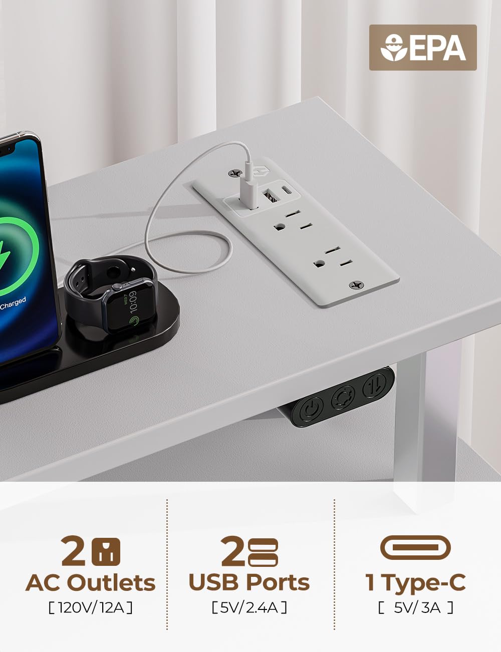 Seventable Computer Desk with Power Outlets & LED Light, 55 inch Home Office Desk with 5 Drawers, Writing Desk with Monitor Stand, Work Desk for Home Office, White