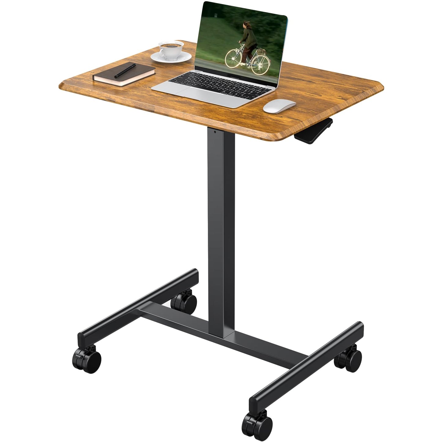 OLIXIS Small Standing Desk with Locking Wheels, Mobile Portable Rolling Laptop PC Table, Adjustable Height Computer Workstation for Home Office, 19 Inch, Brown