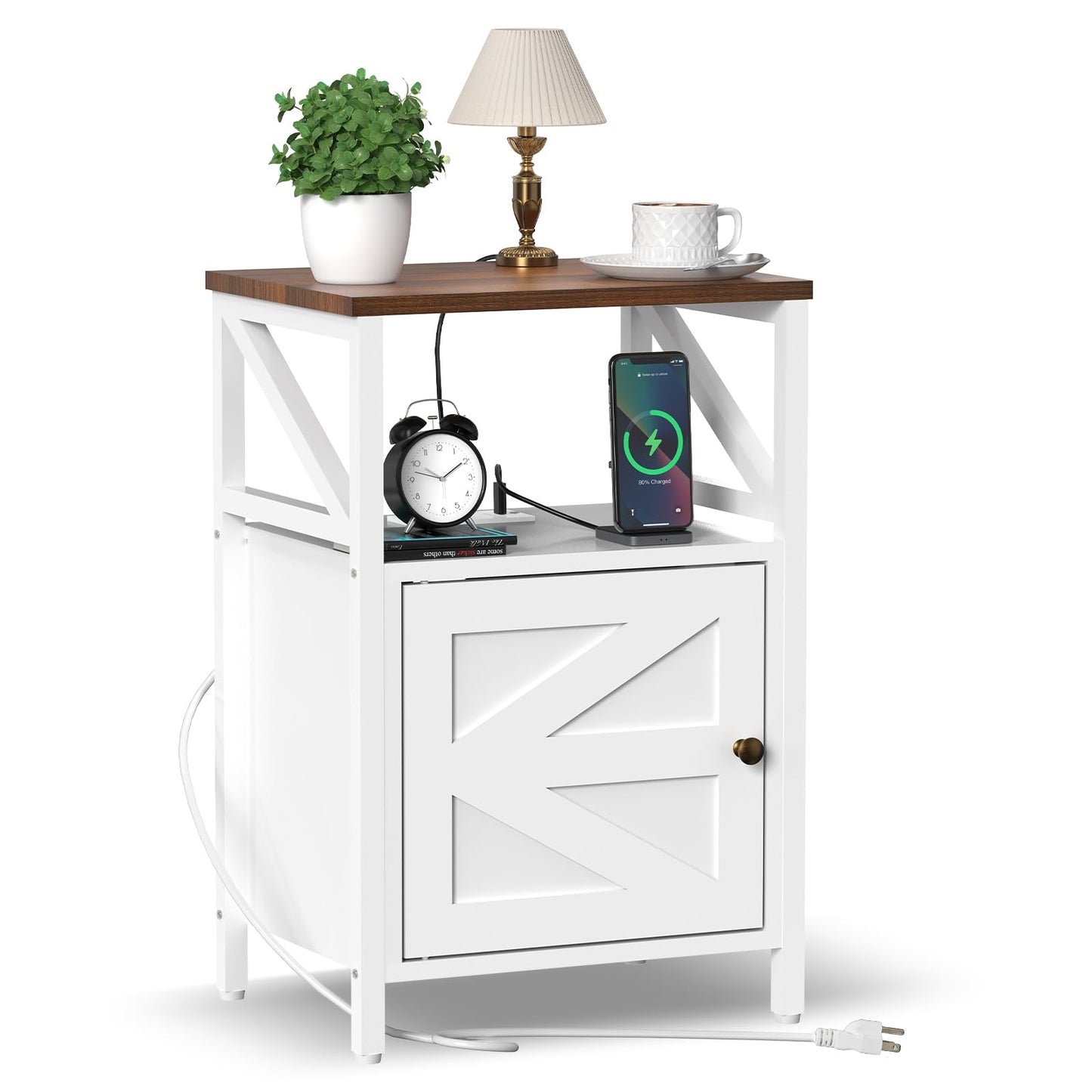 FUNHUKSON Farmhouse 3-Tier End Table with USB Charging Station White