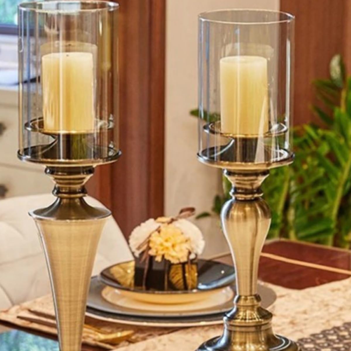 Candlestick Holders Creative Iron Candlestick with Glass Cover Home Dining Table Decoration Candlestick Ornaments Candle Holders(Small)