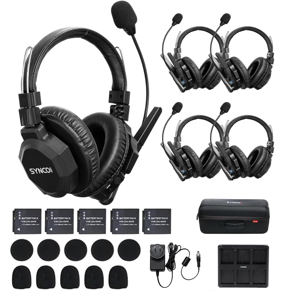 SYNCO XTalk XMax5 Wireless Intercom Headset System with Dual-Ear Design Telephone Headsets System Random Master Device,2.4GHz Full Duplex 500 m/1640 ft for 5-Person Team Communication