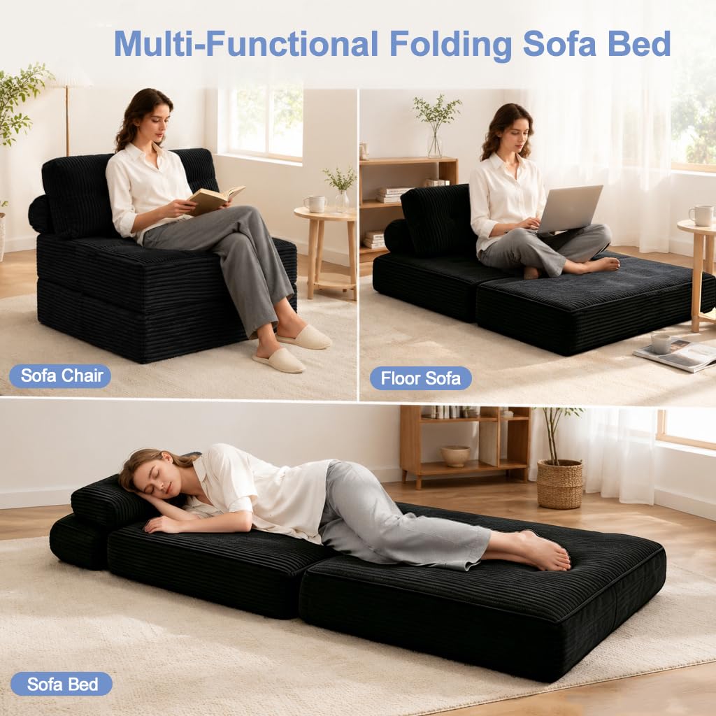 ANONER Sectional Cloud Couch, Folding Sofa Bed with Memory Foam & Pillow, Convertible Futon Chair Floor Couch, Boneless Chaise Lounge, Fold Out Sleeper Chair for Living Room, Bedroom, Black