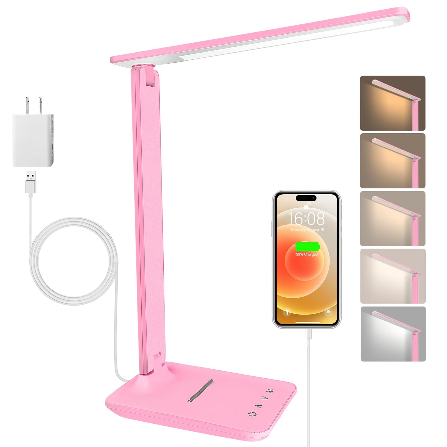 White crown LED Desk Lamp Dimmable Table Lamp Reading Lamp with USB Charging Port, 5 Lighting Modes, Sensitive Control, 30/60 Minutes Timer Pink (Pink, First-Generation)